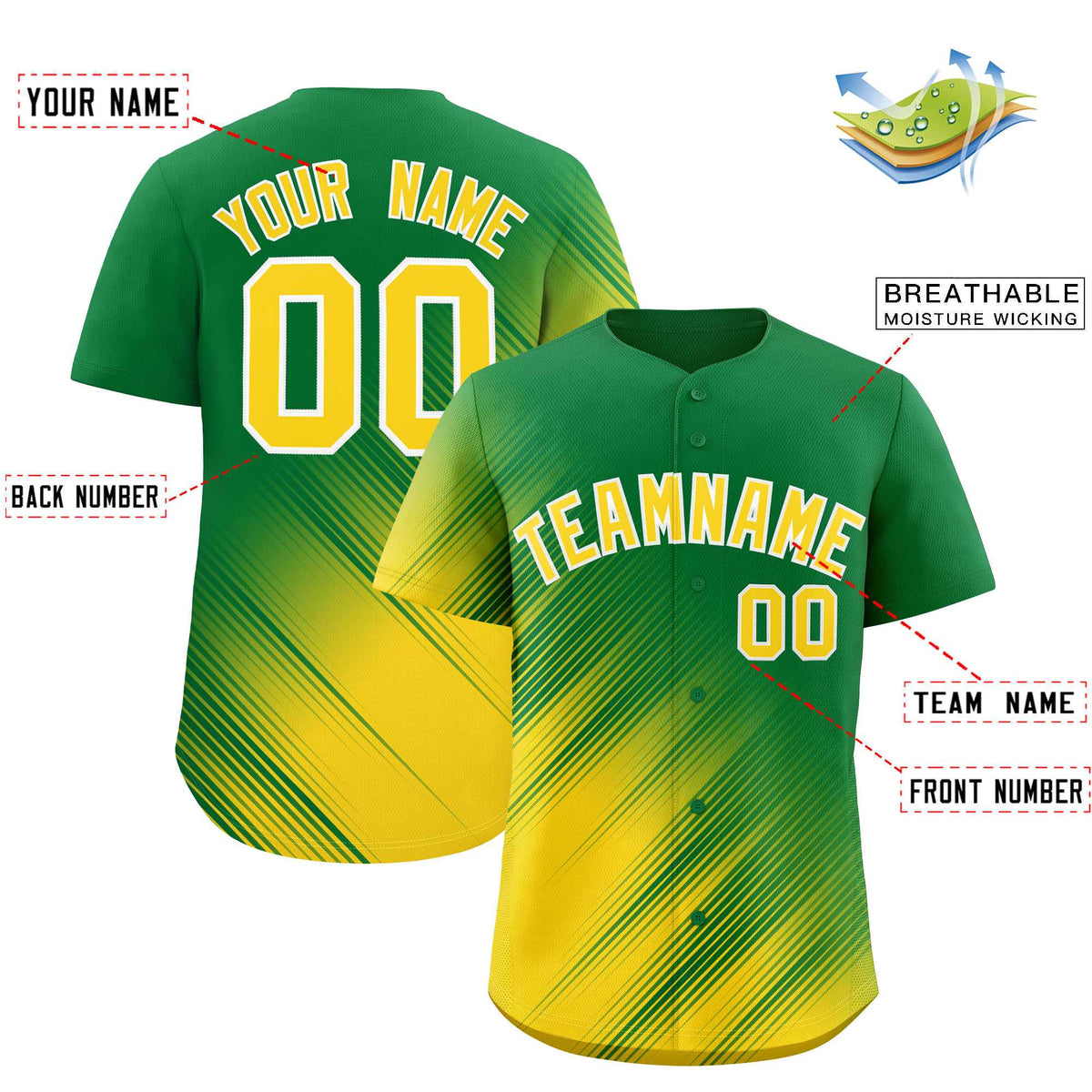 Custom Kelly Green Gold Diagonal Stripe Personalized Gradient Fashion Baseball Jersey