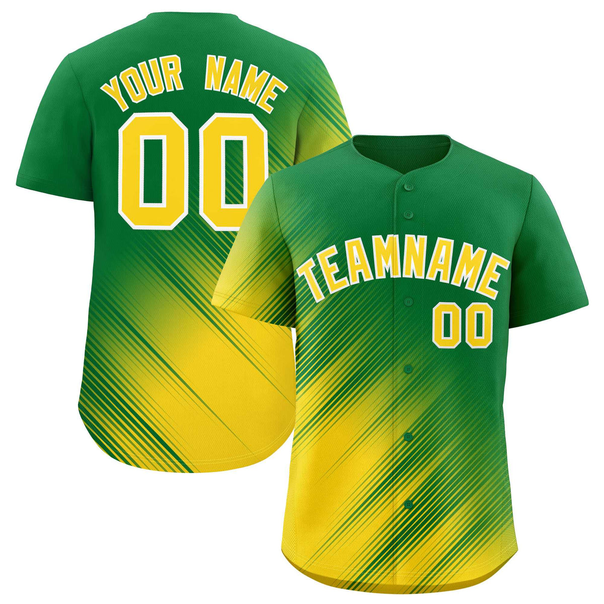 Custom Kelly Green Gold Diagonal Stripe Personalized Gradient Fashion Baseball Jersey