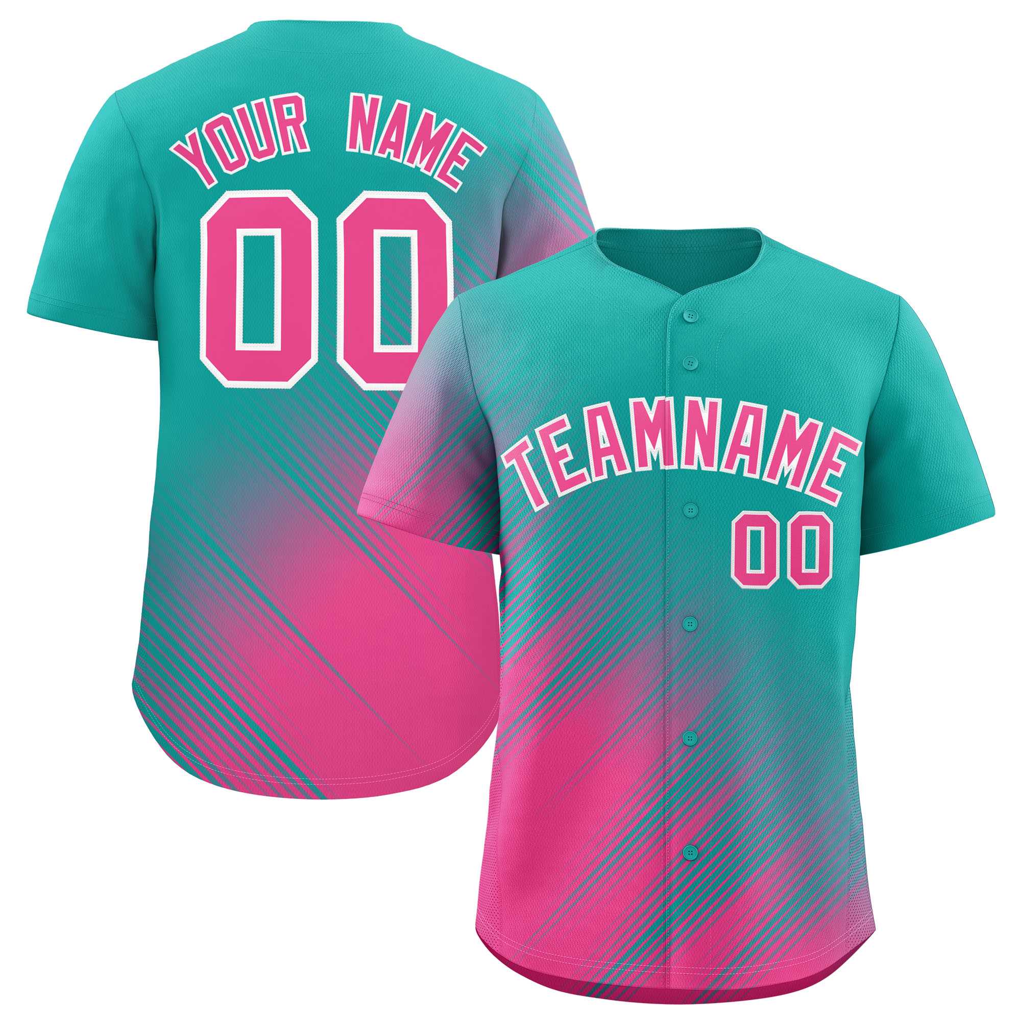 Custom Aqua Pink Diagonal Stripe Personalized Gradient Fashion Baseball Jersey
