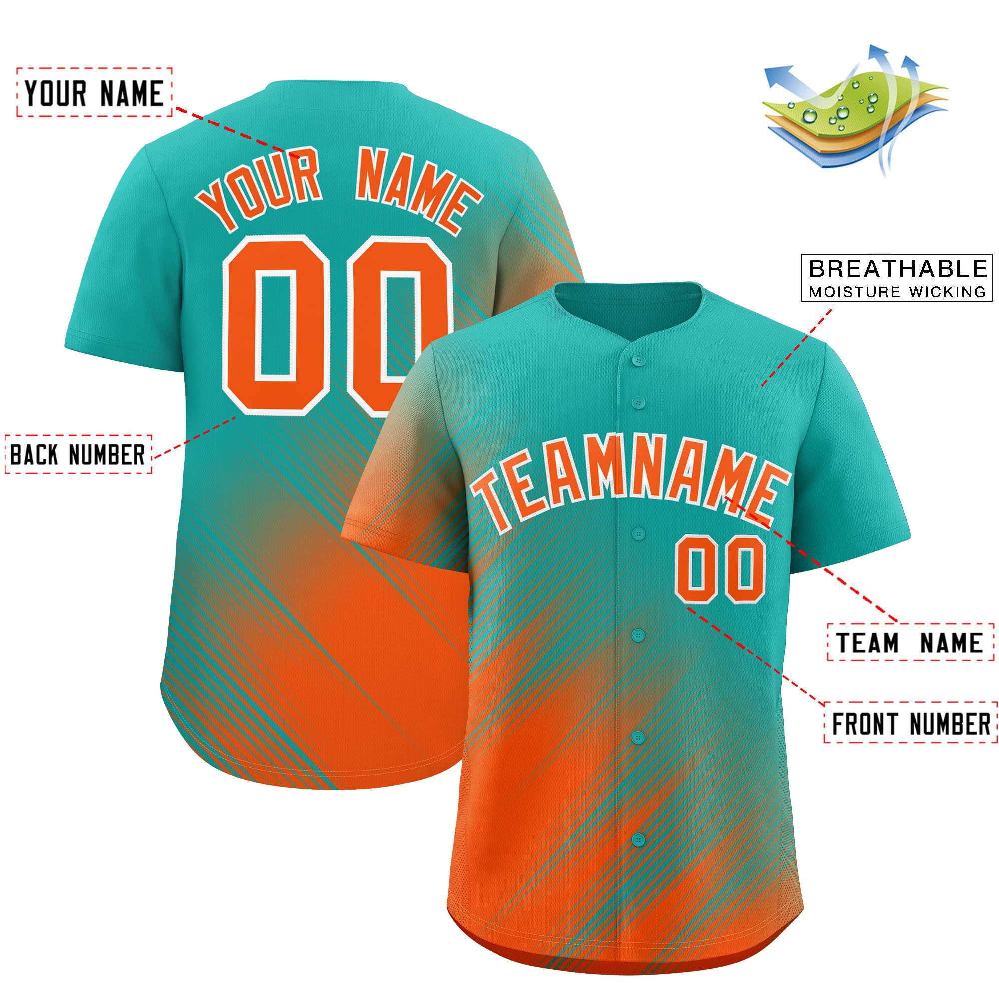 Custom Aqua Orange Diagonal Stripe Personalized Gradient Fashion Baseball Jersey