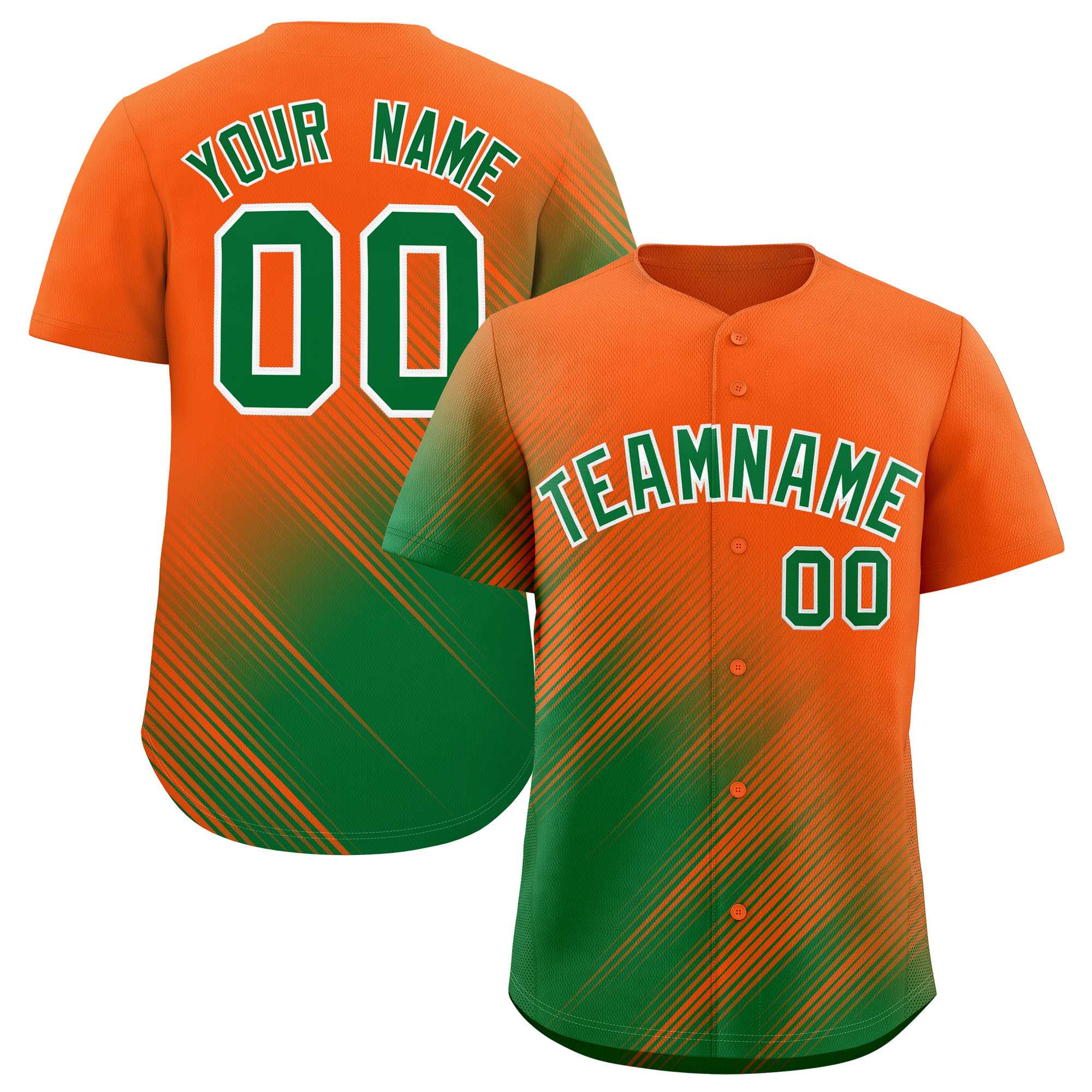 Custom Orange Kelly Green Diagonal Stripe Personalized Gradient Fashion Baseball Jersey