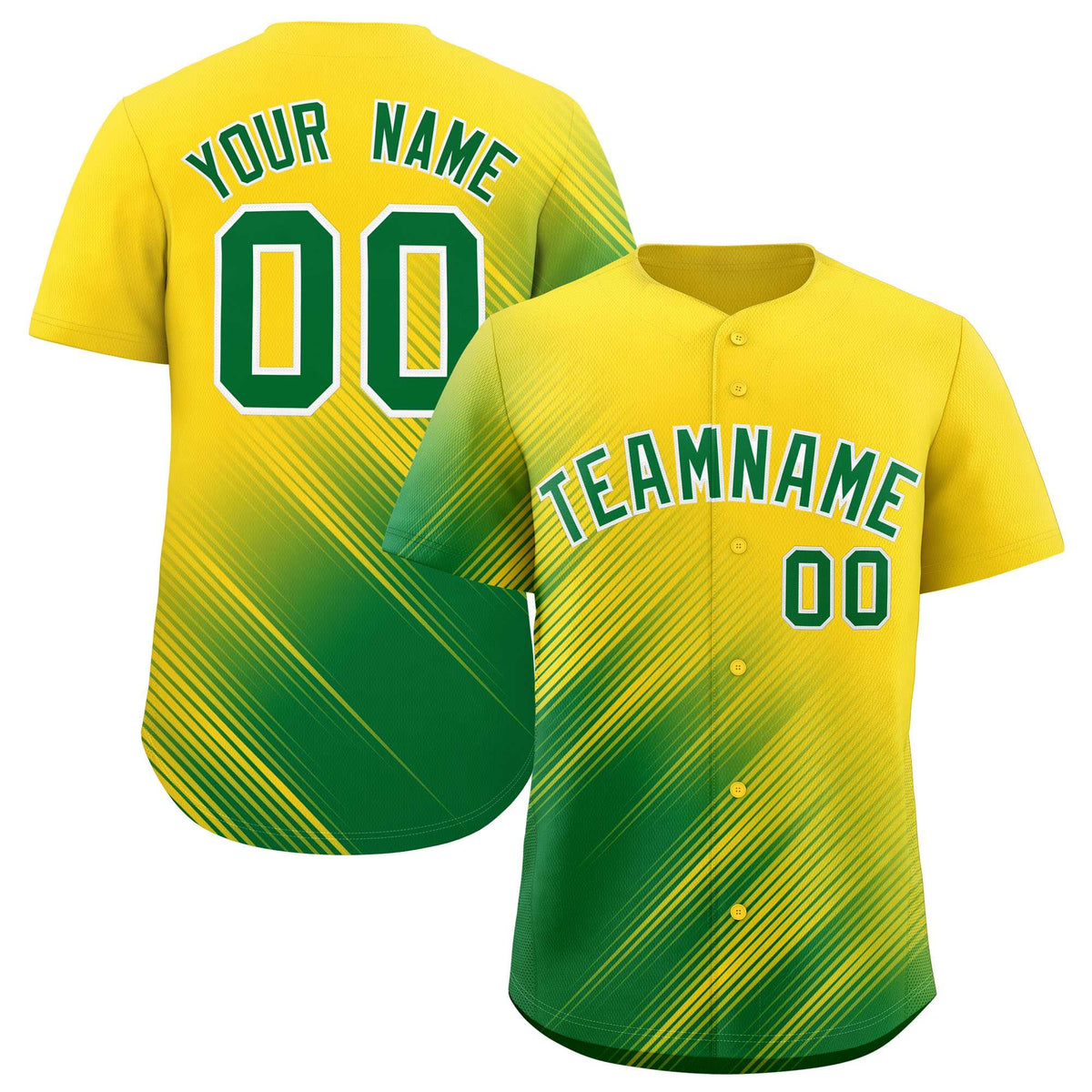 Custom Gold Kelly Green Diagonal Stripe Personalized Gradient Fashion Baseball Jersey