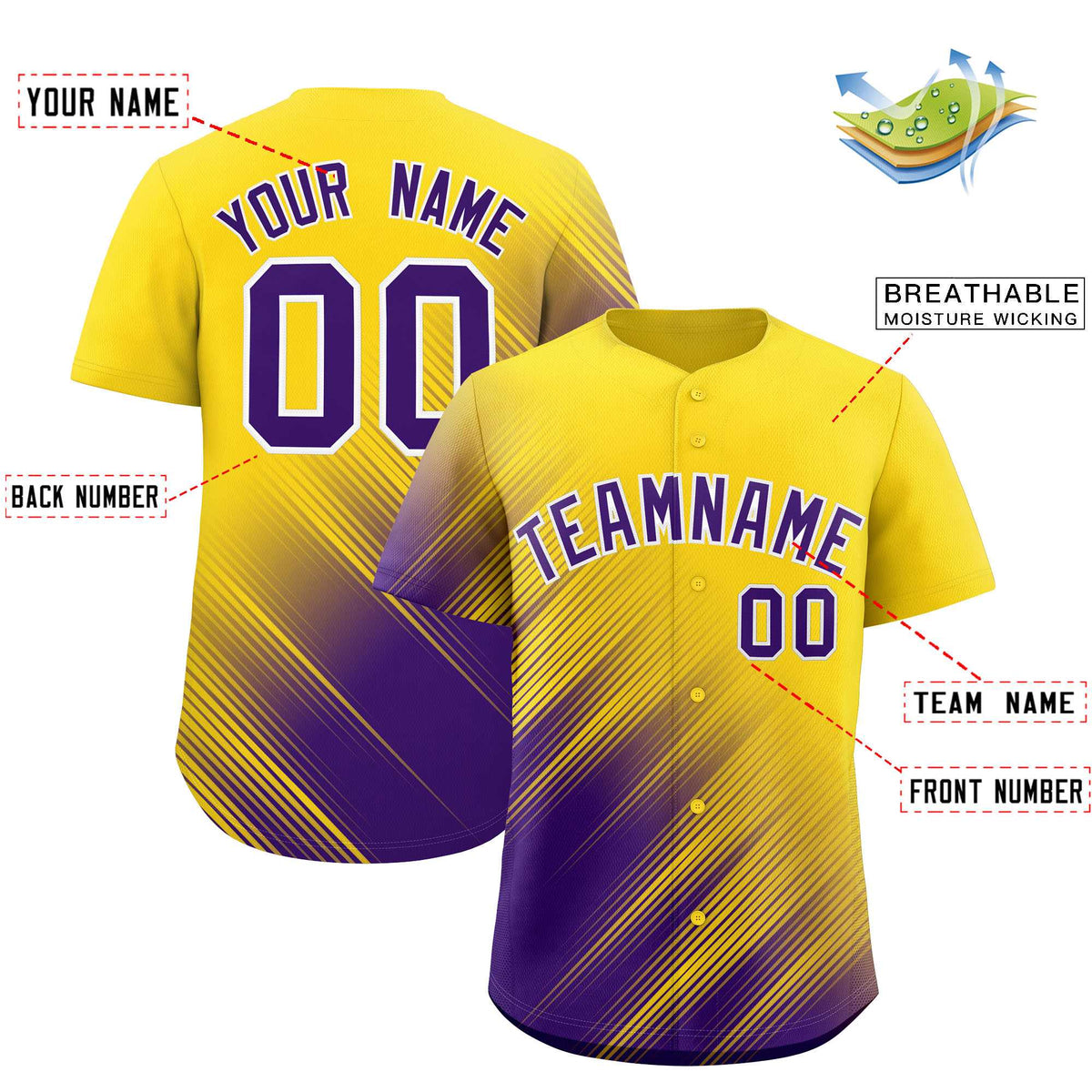 Custom Gold Purple Diagonal Stripe Personalized Gradient Fashion Baseball Jersey