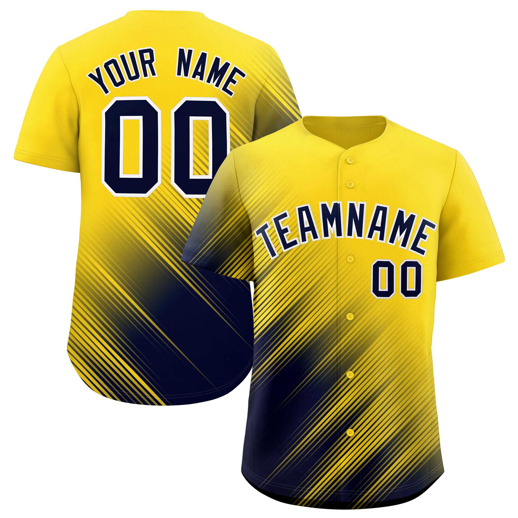 Custom Gold Navy Diagonal Stripe Personalized Gradient Fashion Baseball Jersey