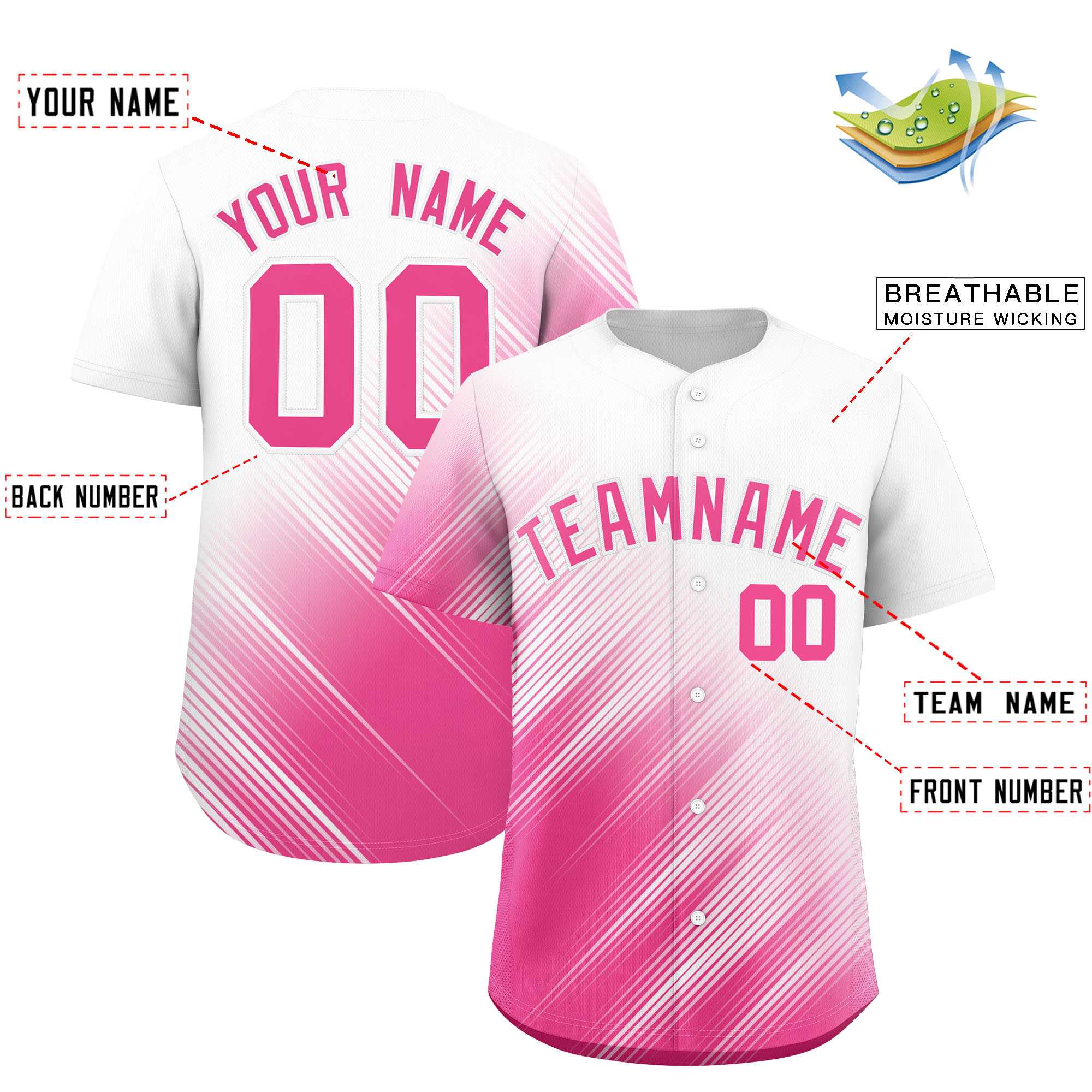 Custom White Pink Diagonal Stripe Personalized Gradient Fashion Baseball Jersey