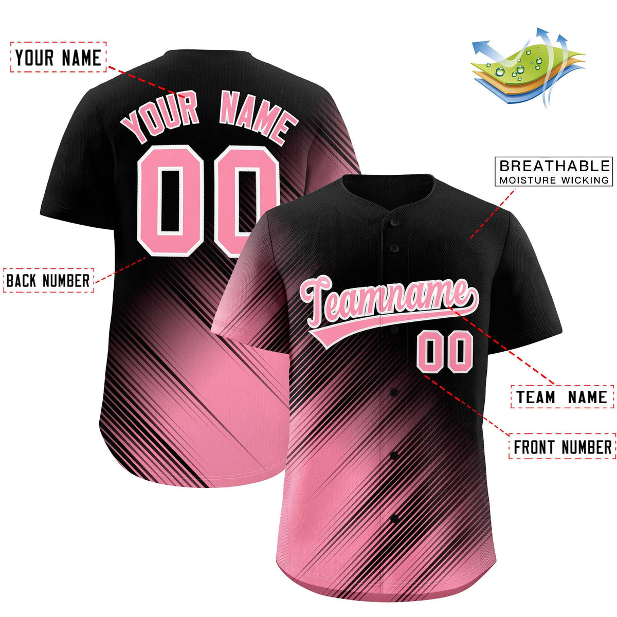 Custom Black Light Pink Diagonal Stripe Personalized Gradient Fashion Baseball Jersey