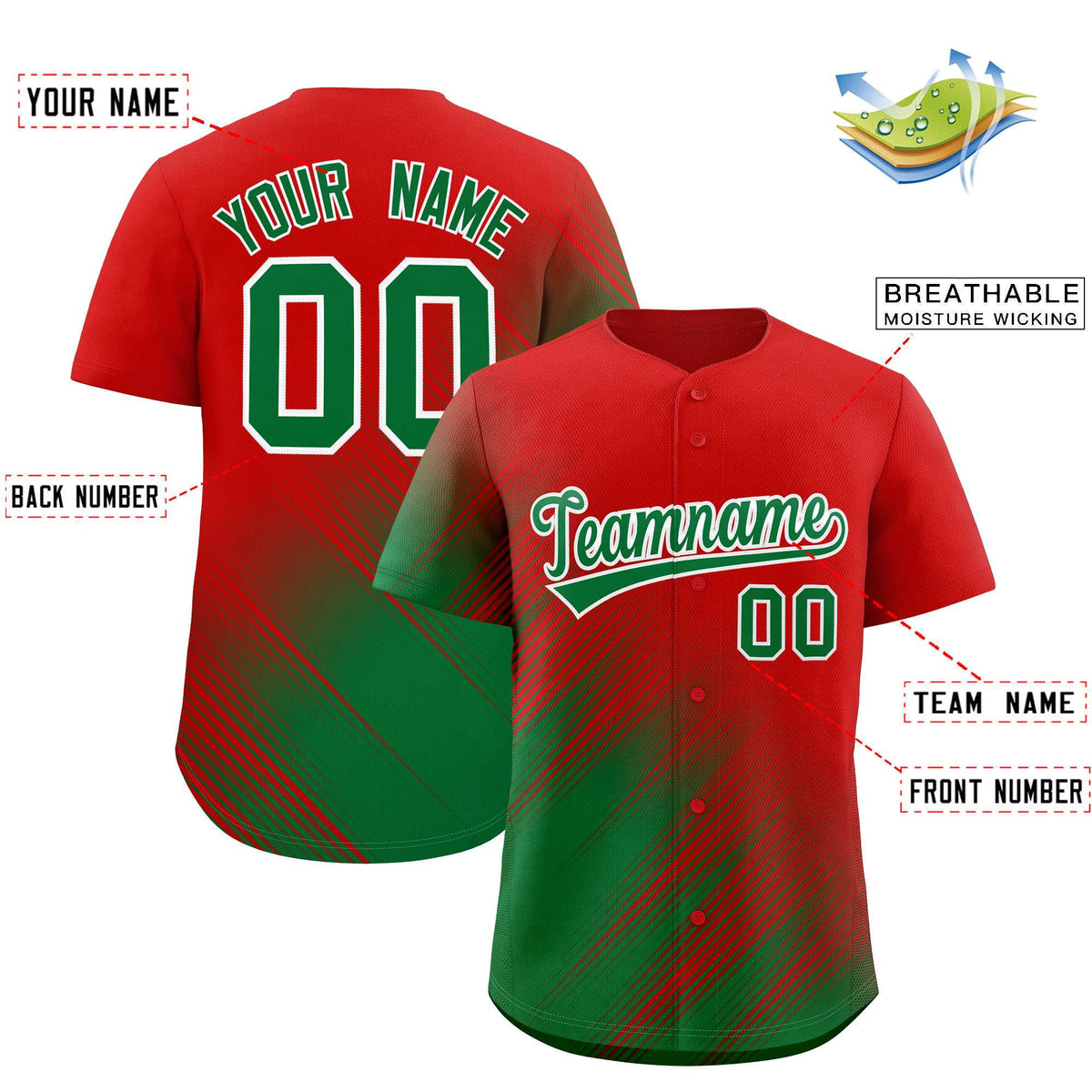 Custom Red Kelly Green Diagonal Stripe Personalized Gradient Fashion Baseball Jersey
