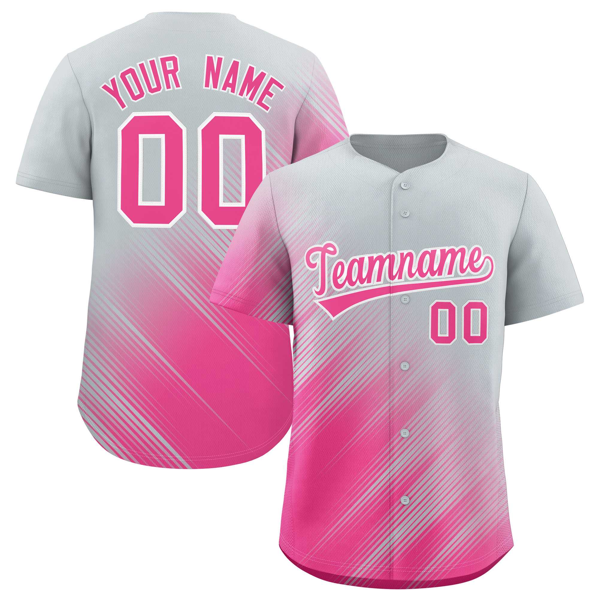 Custom Silver Pink Diagonal Stripe Personalized Gradient Fashion Baseball Jersey