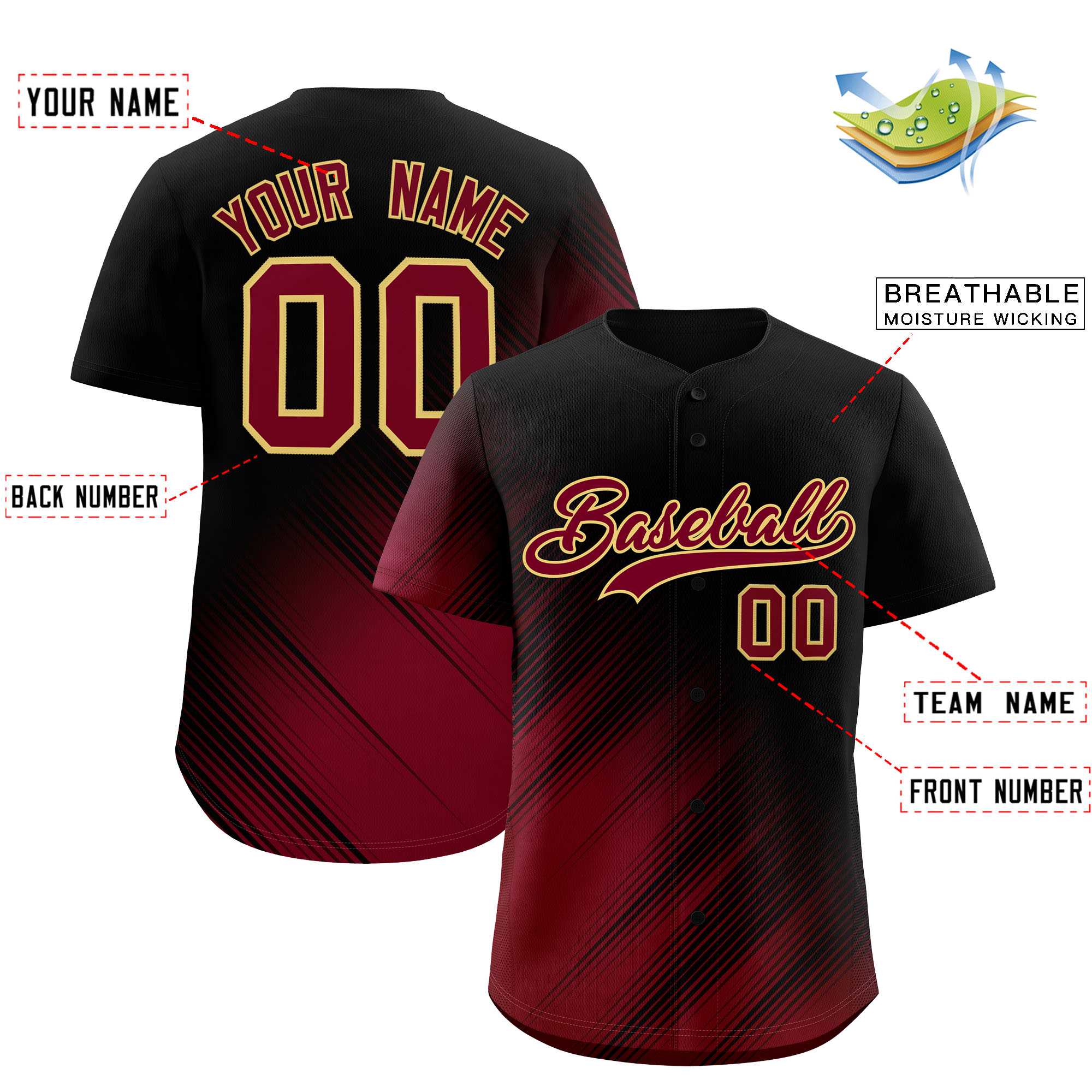 Custom Black Crimson Diagonal Stripe Personalized Gradient Fashion Baseball Jersey