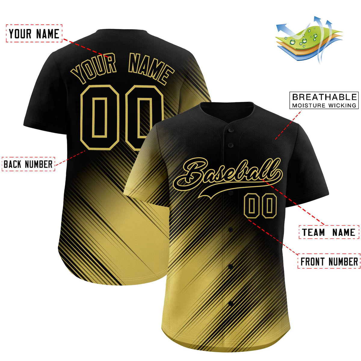 Custom Black Old Gold Diagonal Stripe Personalized Gradient Fashion Baseball Jersey