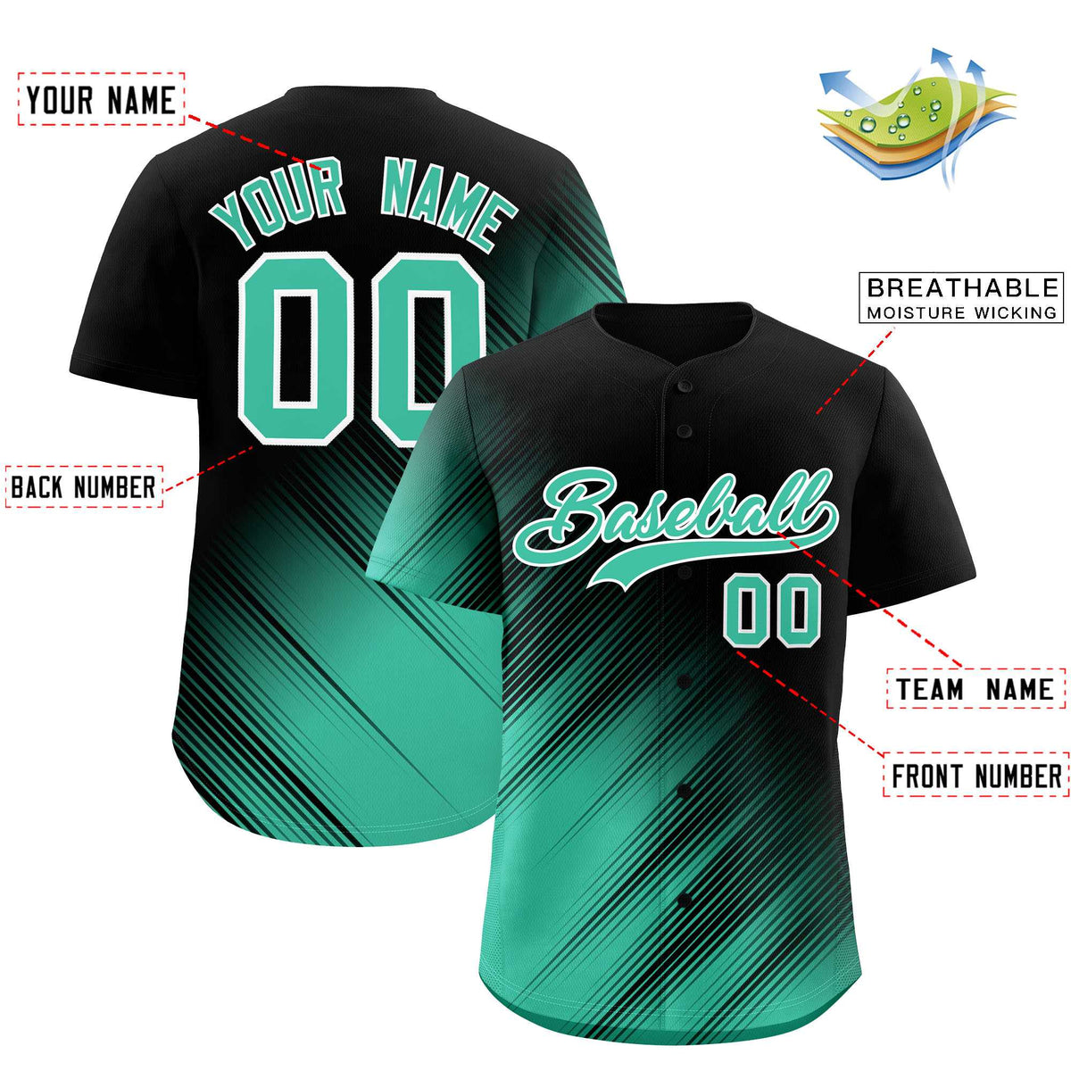 Custom Black Bright Green Diagonal Stripe Personalized Gradient Fashion Baseball Jersey