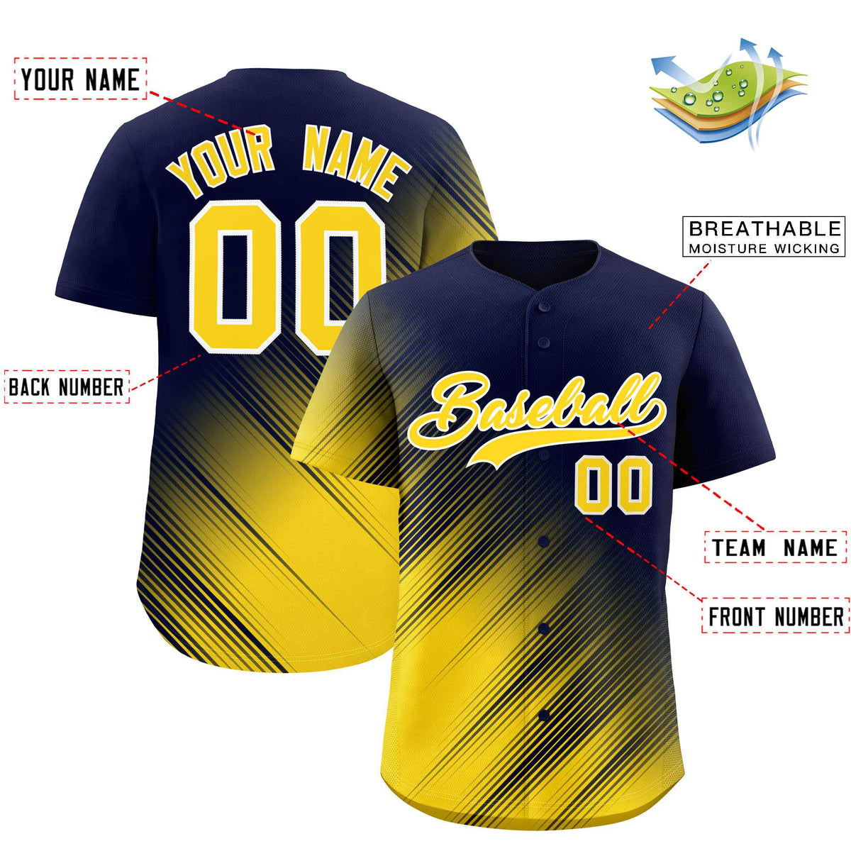 Custom Navy Gold Diagonal Stripe Personalized Gradient Fashion Baseball Jersey