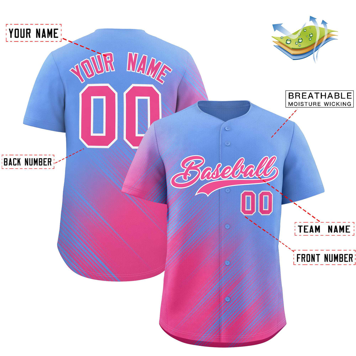 Custom Light Blue Pink Diagonal Stripe Personalized Gradient Fashion Baseball Jersey