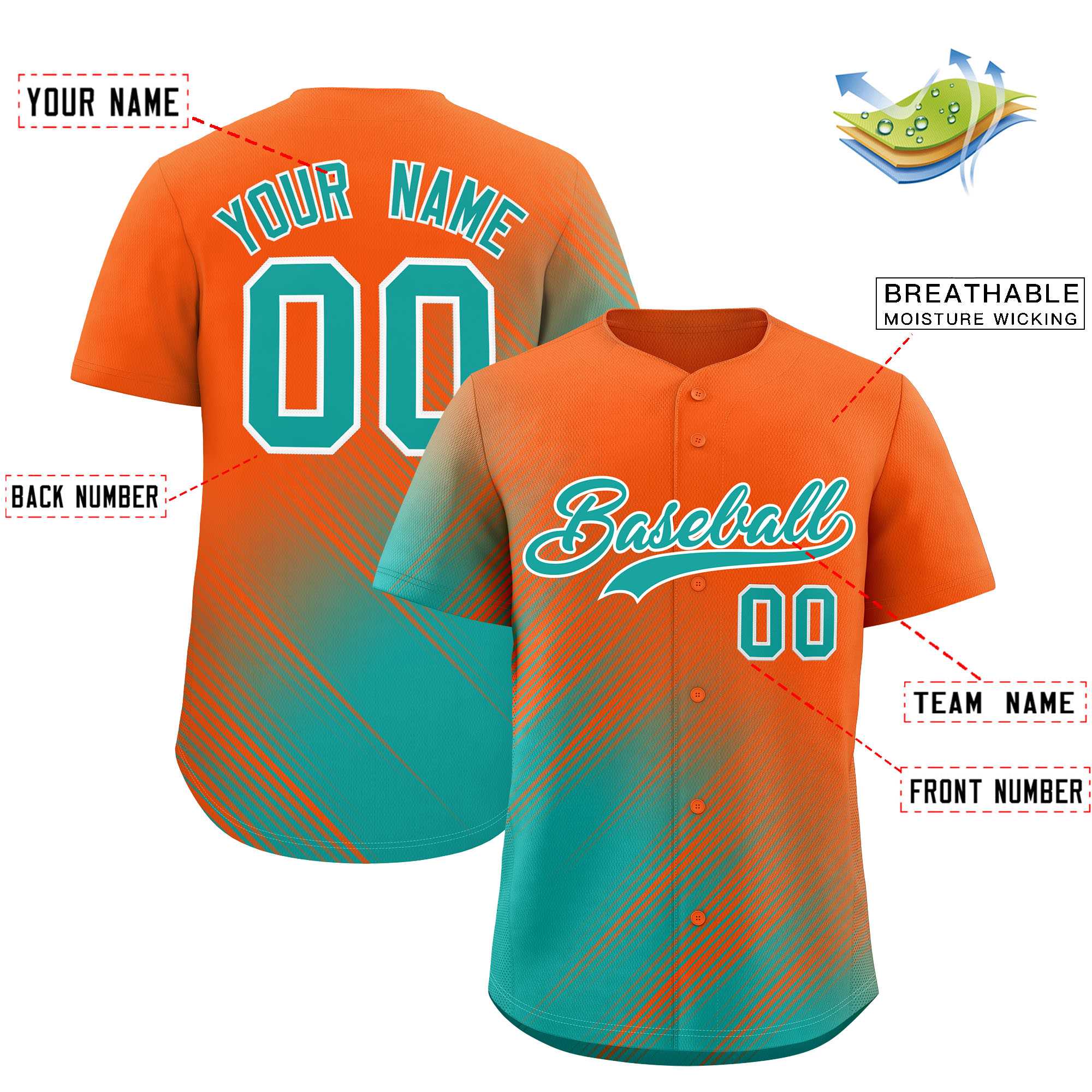 Custom Orange Aqua Diagonal Stripe Personalized Gradient Fashion Baseball Jersey