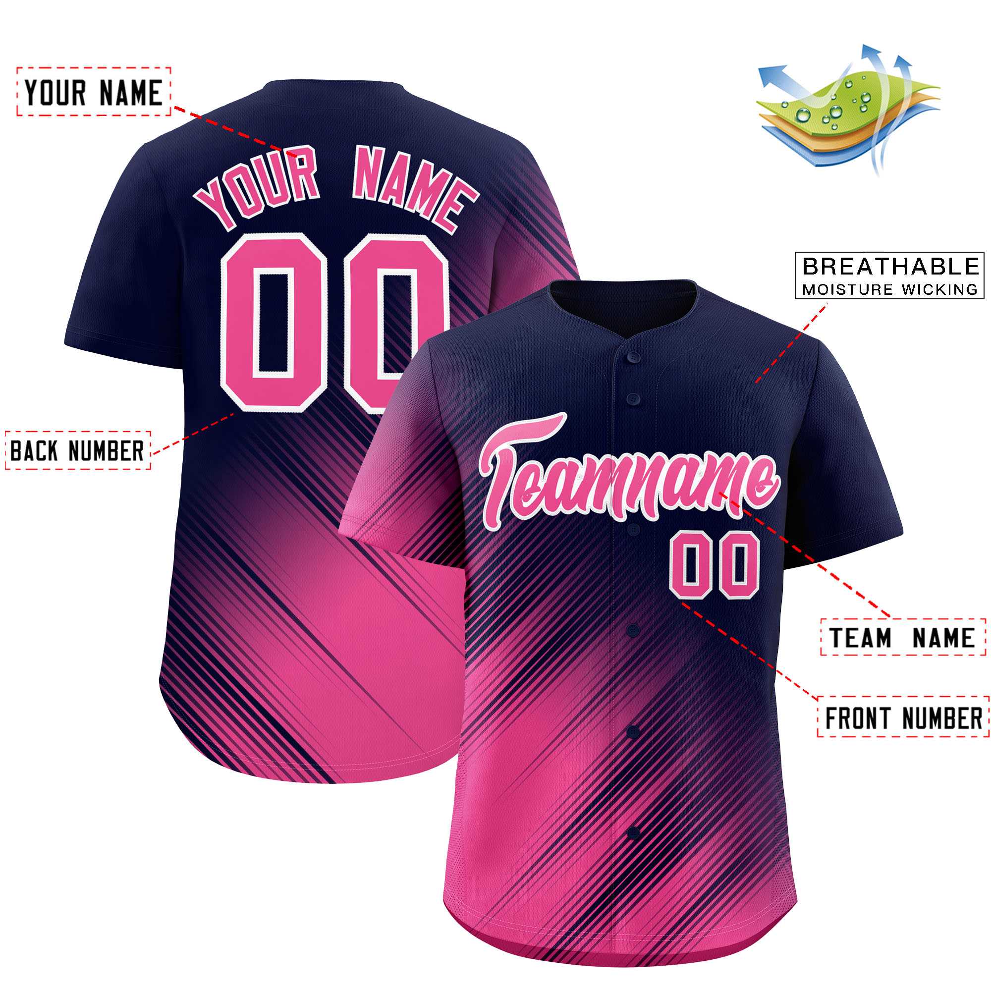 Custom Navy Pink Diagonal Stripe Personalized Gradient Fashion Baseball Jersey