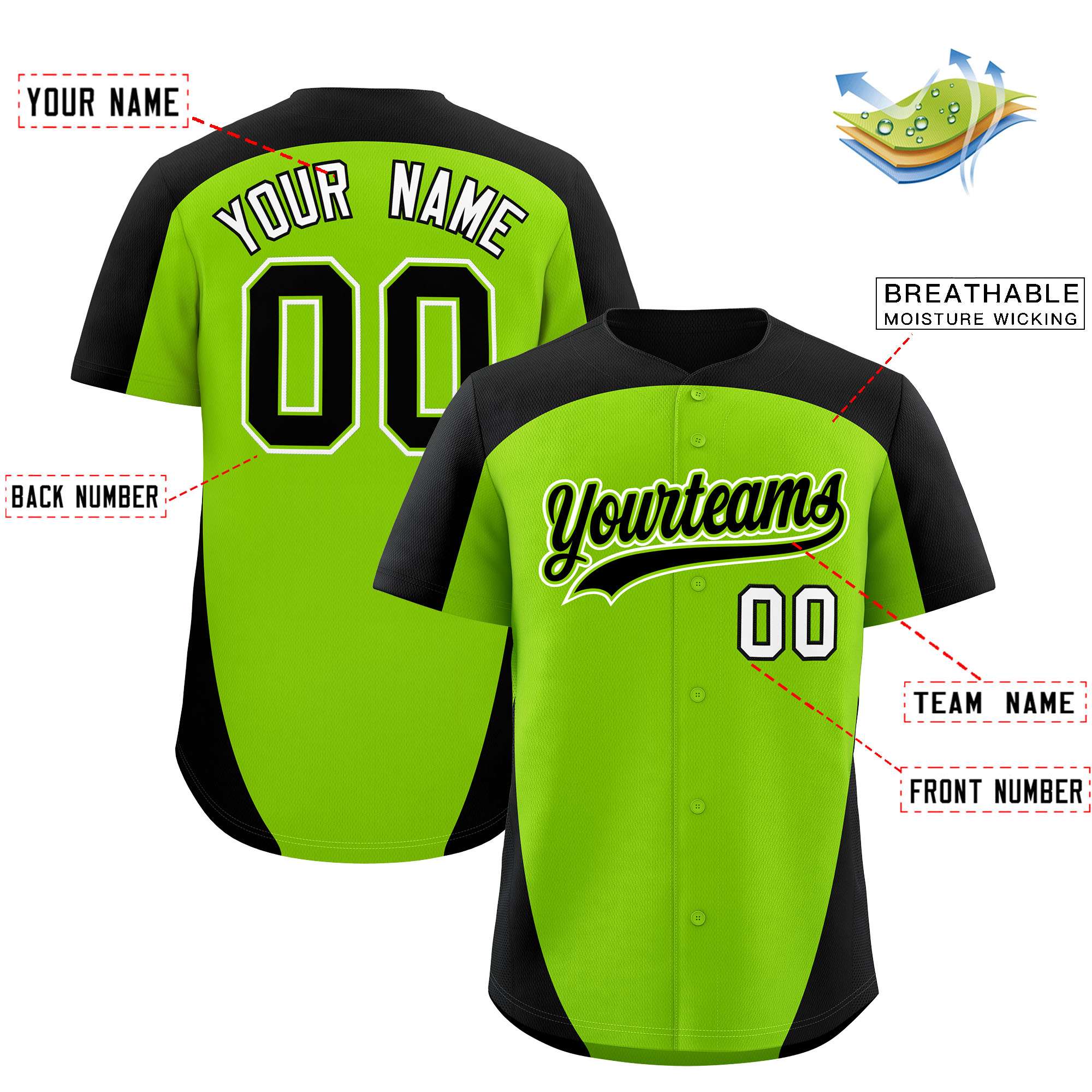 Custom Neon Green Black Personalized Edge Color Block Authentic Baseball Jersey