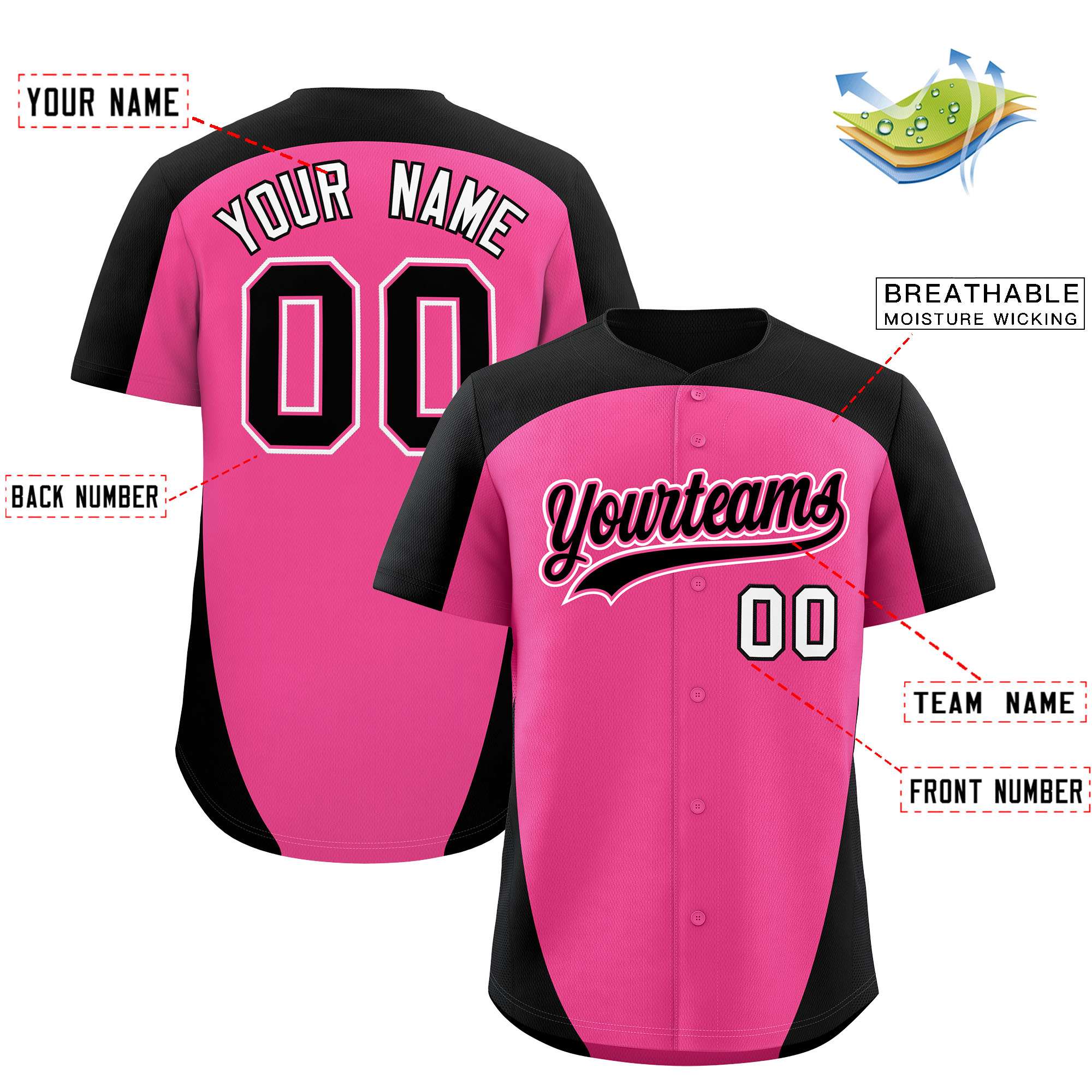 Custom Pink Black Personalized Edge Color Block Authentic Baseball Jersey