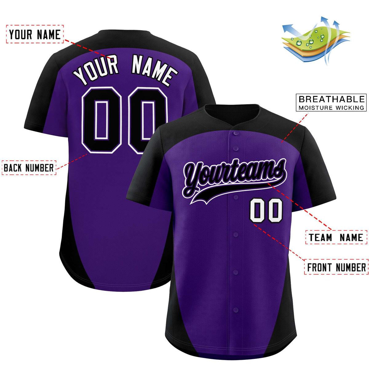 Custom Purple Black Personalized Edge Color Block Authentic Baseball Jersey