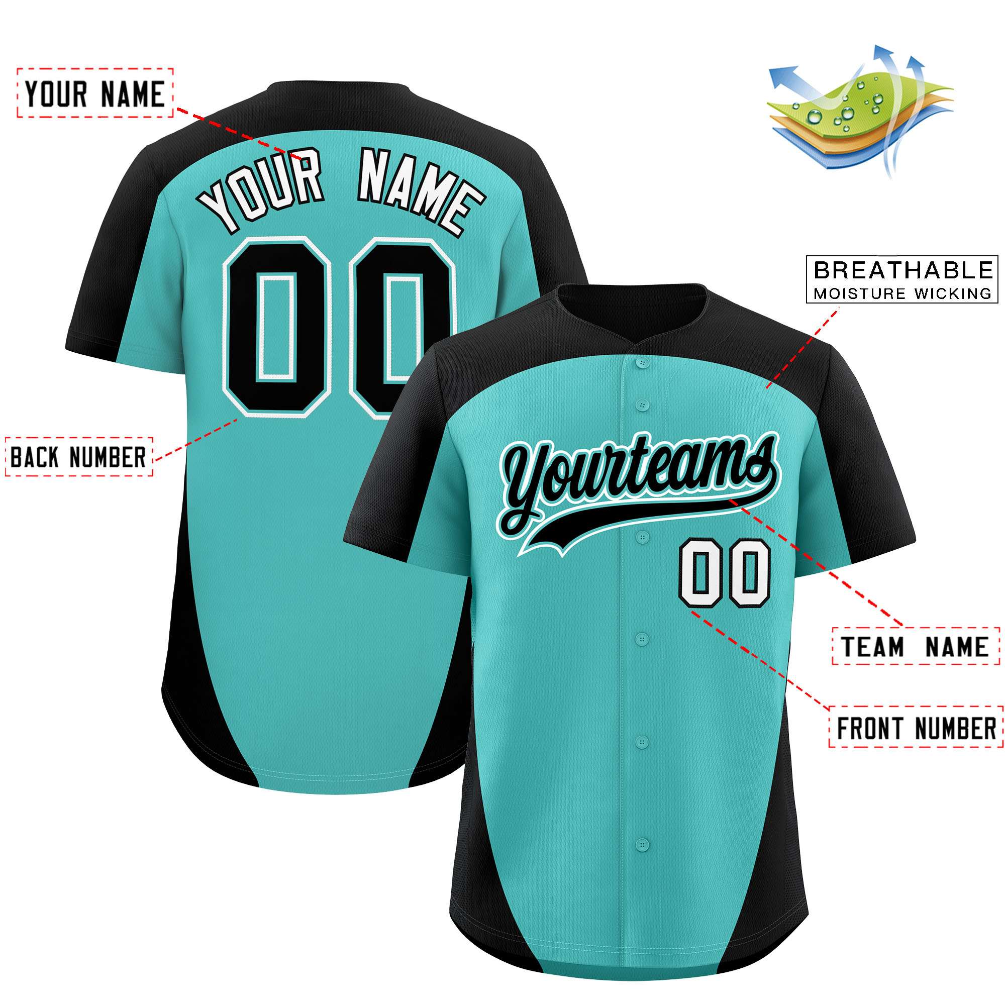 Custom Aqua Black Personalized Edge Color Block Authentic Baseball Jersey