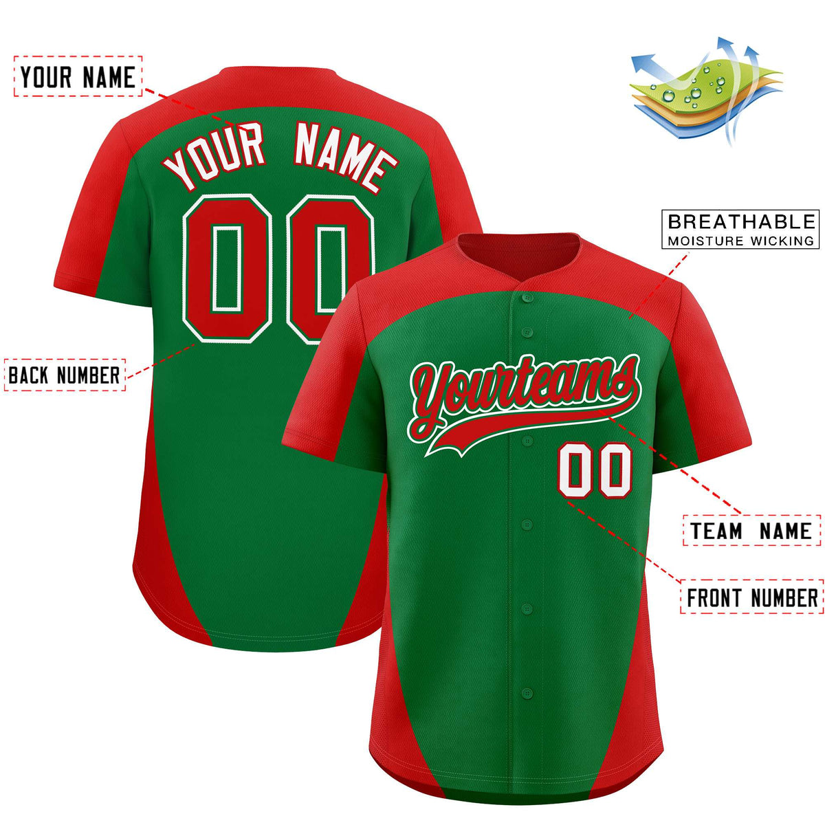 Custom Kelly Green Red Personalized Edge Color Block Authentic Baseball Jersey