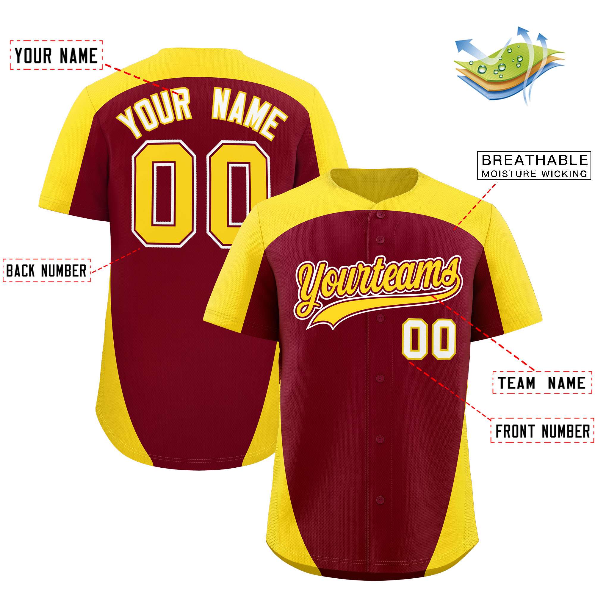 Custom Crimson Gold Personalized Edge Color Block Authentic Baseball Jersey