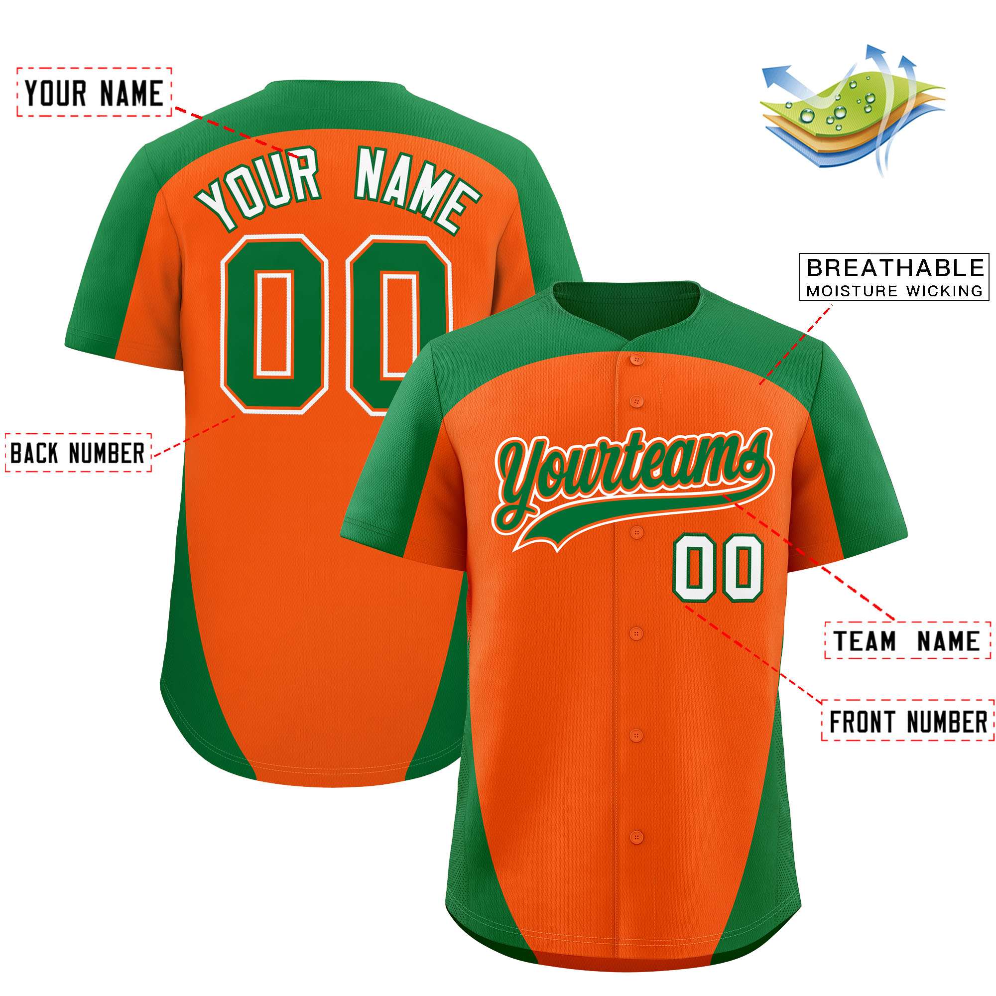 Custom Orange Kelly Green Personalized Edge Color Block Authentic Baseball Jersey