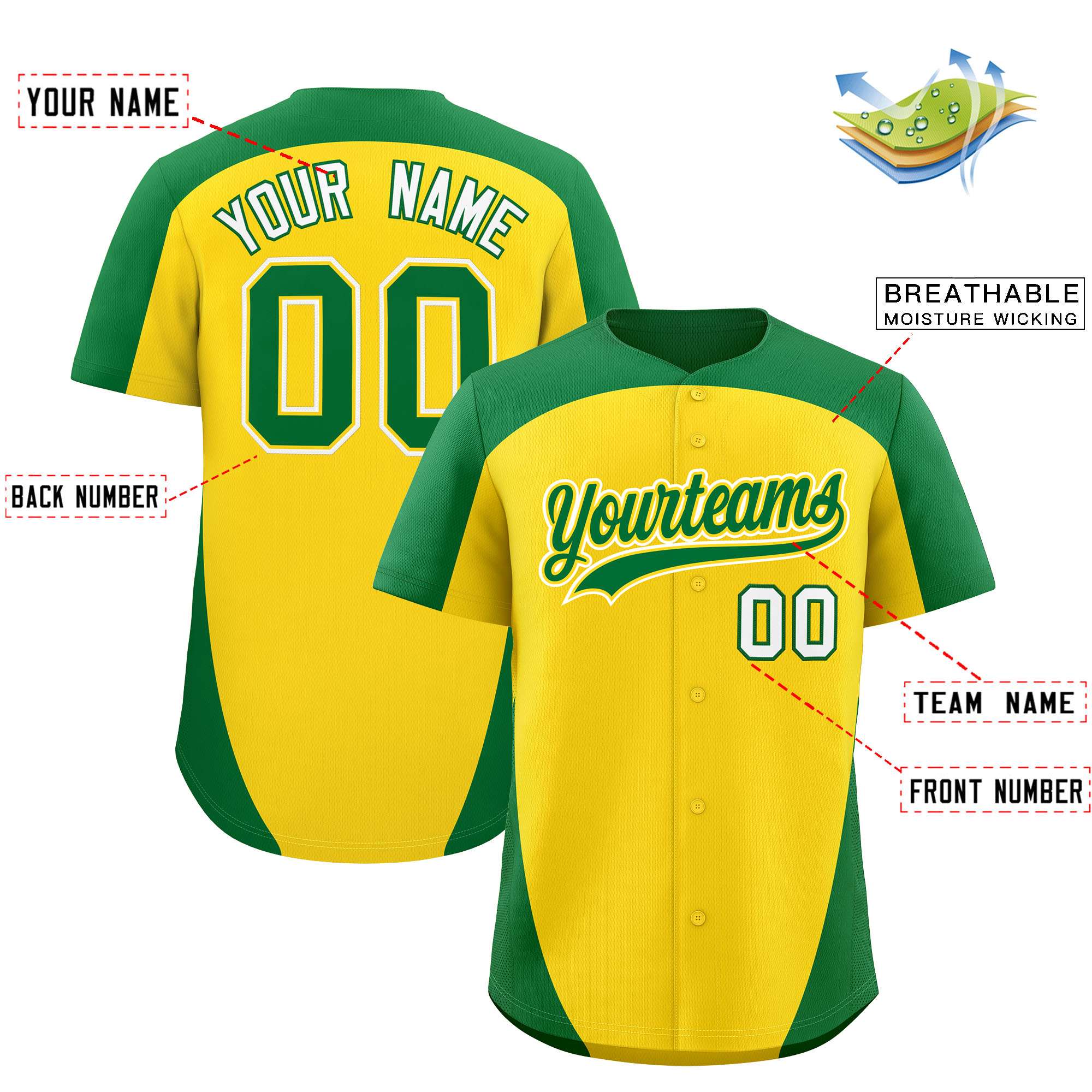 Custom Gold Kelly Green Personalized Edge Color Block Authentic Baseball Jersey