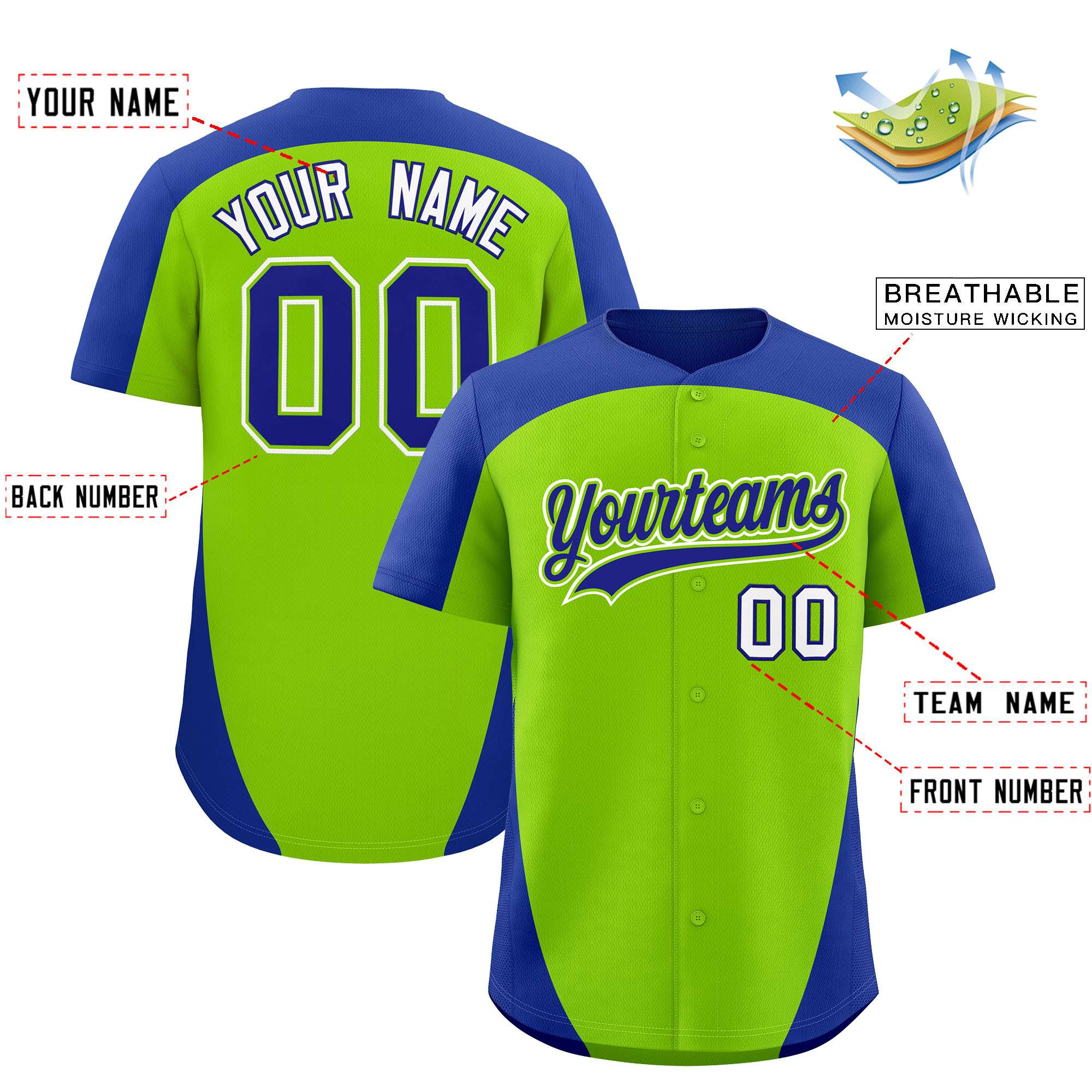 Custom Neon Green Royal Personalized Edge Color Block Authentic Baseball Jersey