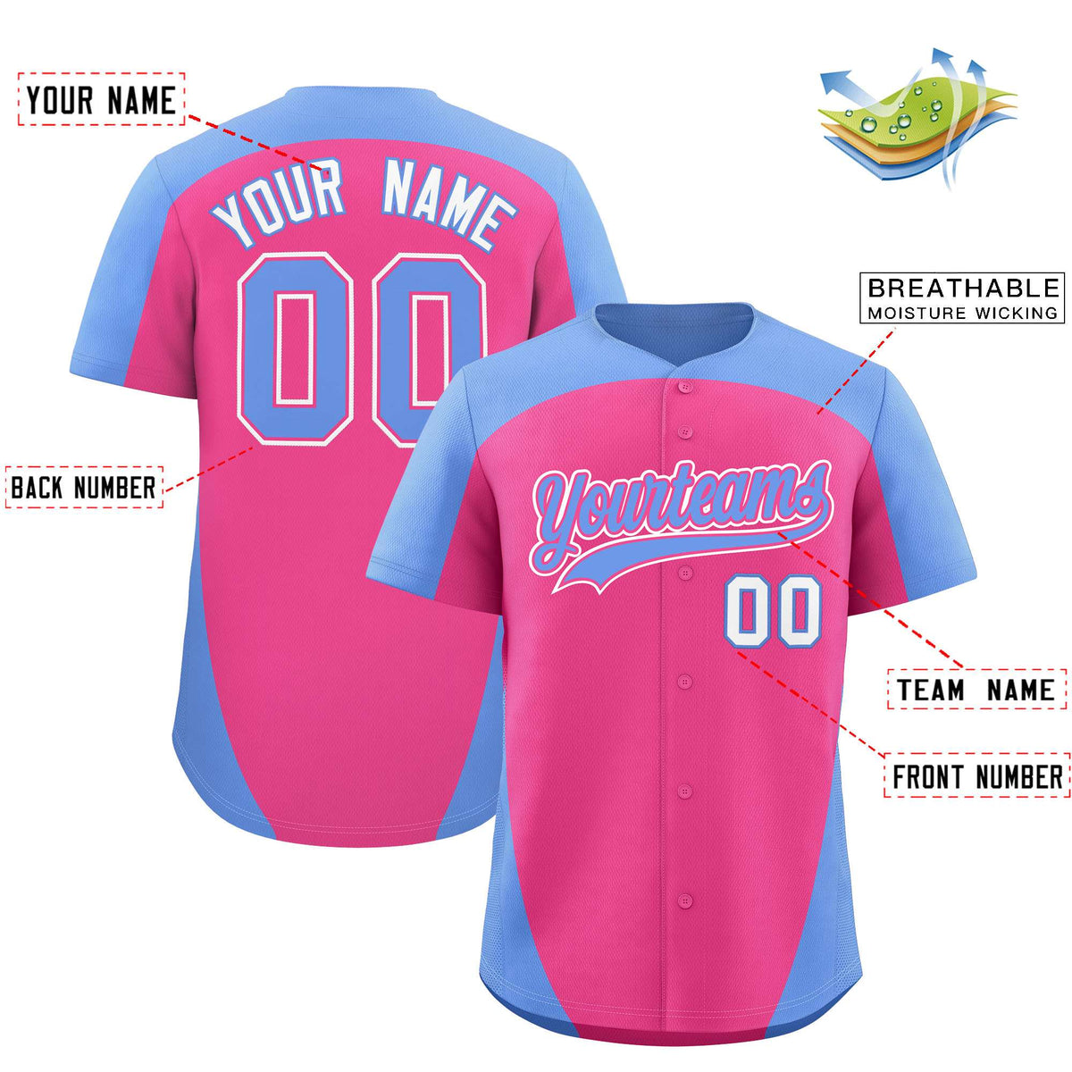 Custom Pink Light Blue Personalized Edge Color Block Authentic Baseball Jersey