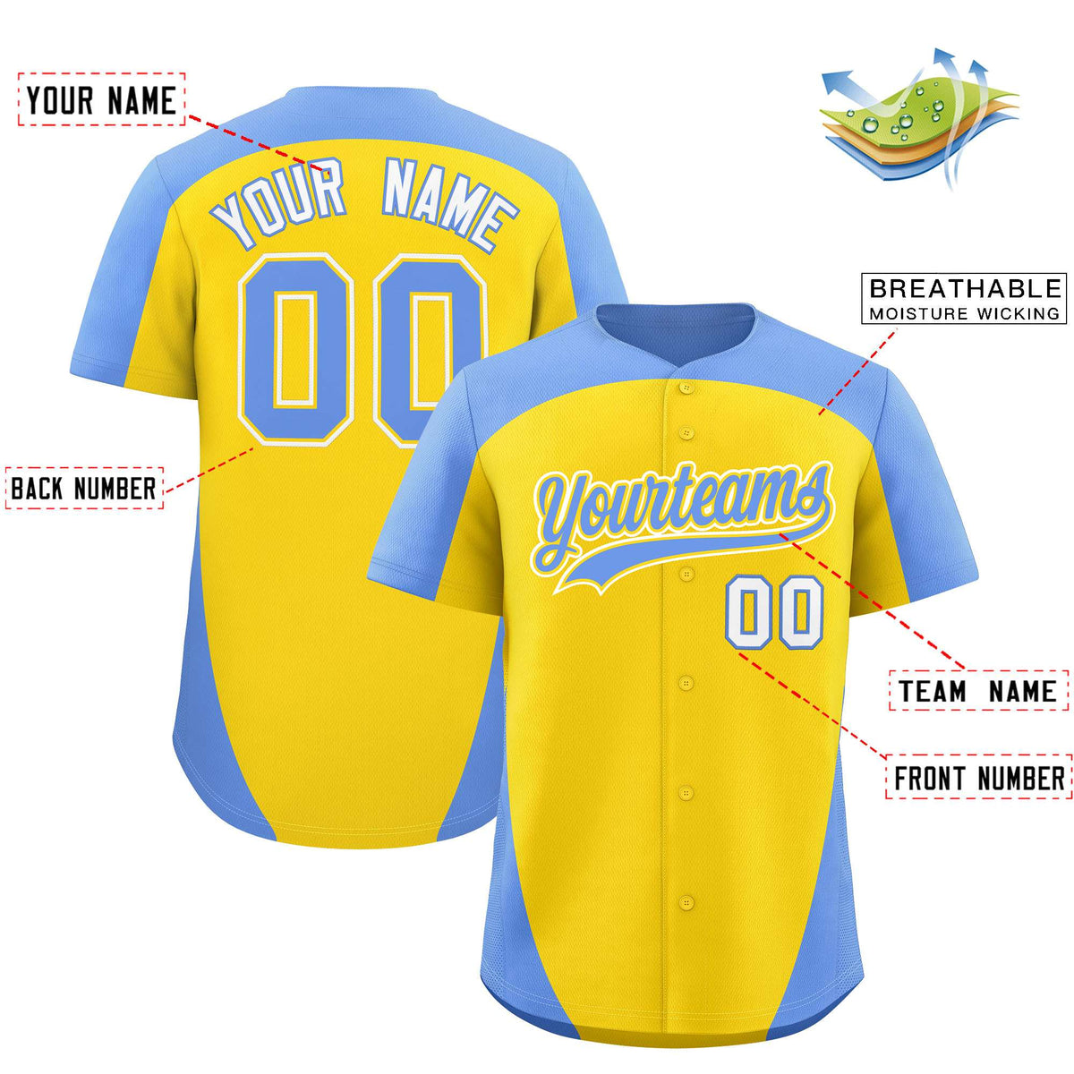 Custom Gold Light Blue Personalized Edge Color Block Authentic Baseball Jersey