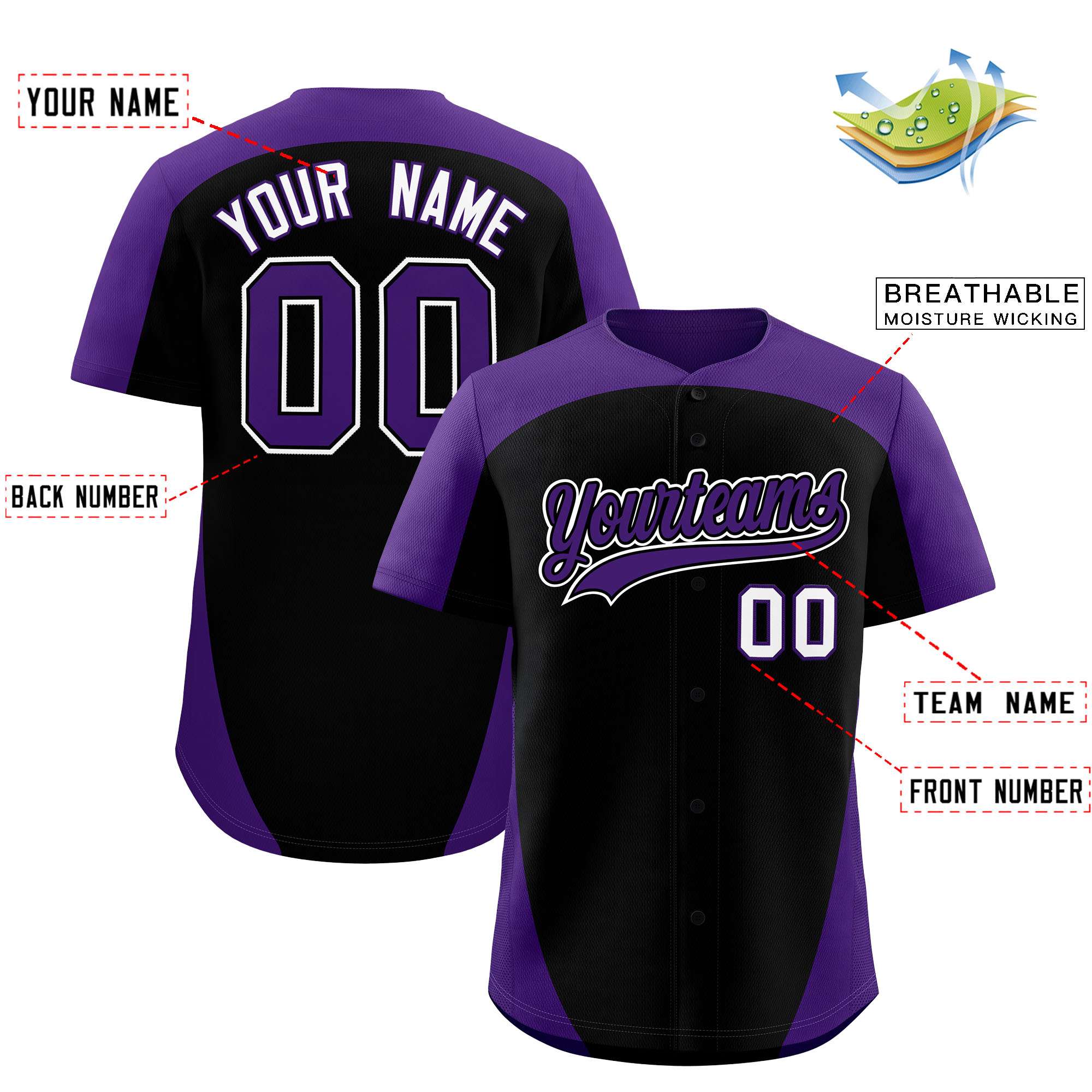 Custom Black Purple Personalized Edge Color Block Authentic Baseball Jersey