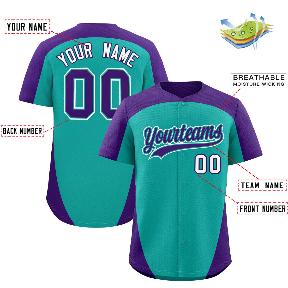 Custom Aqua Purple Personalized Edge Color Block Authentic Baseball Jersey