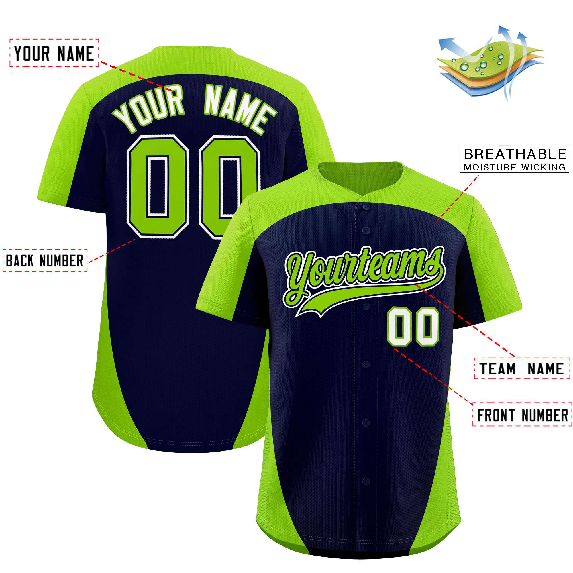 Custom Navy Neon Green Personalized Edge Color Block Authentic Baseball Jersey