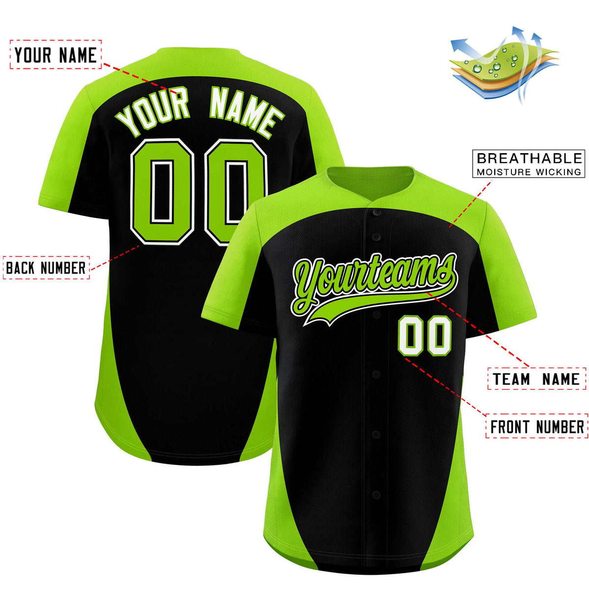 Custom Black Neon Green Personalized Edge Color Block Authentic Baseball Jersey