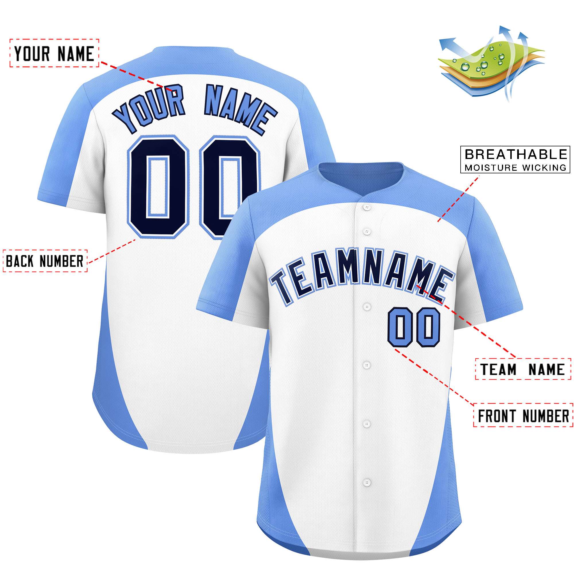 Custom White Light Blue Personalized Edge Color Block Authentic Baseball Jersey