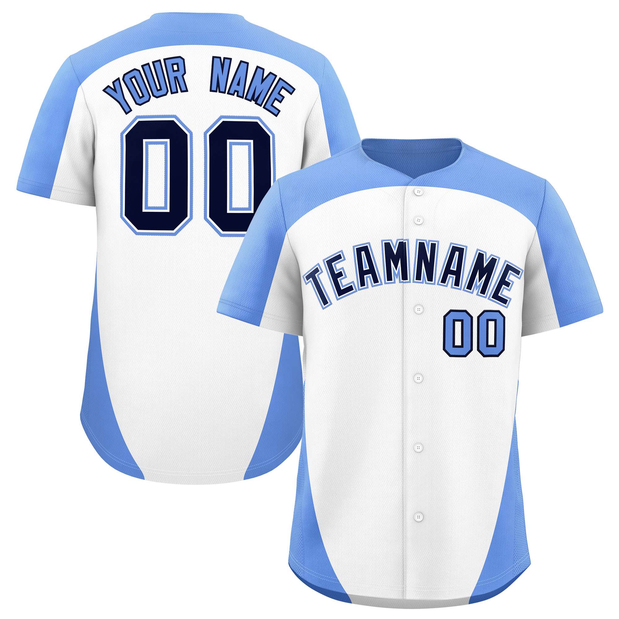 Custom White Light Blue Personalized Edge Color Block Authentic Baseball Jersey