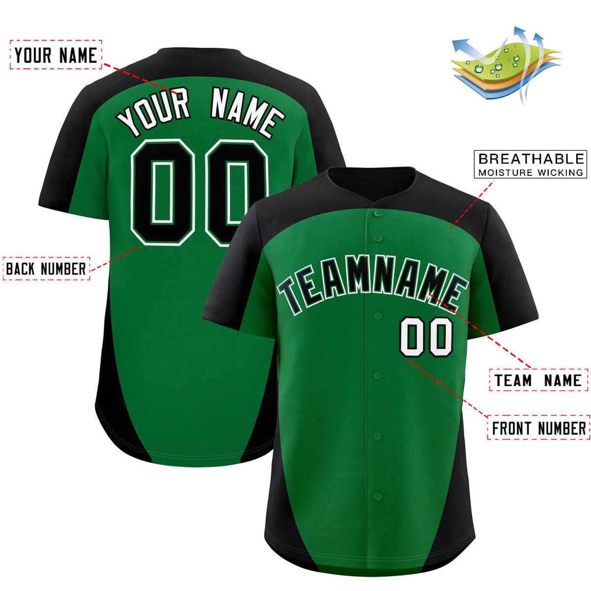 Custom Kelly Green Black Personalized Edge Color Block Authentic Baseball Jersey