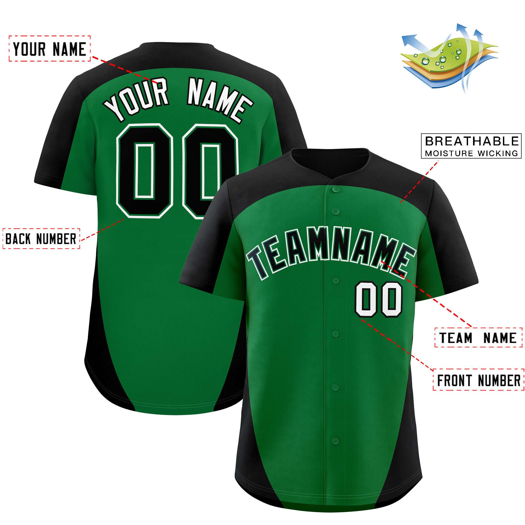 Custom Kelly Green Black Personalized Edge Color Block Authentic Baseball Jersey