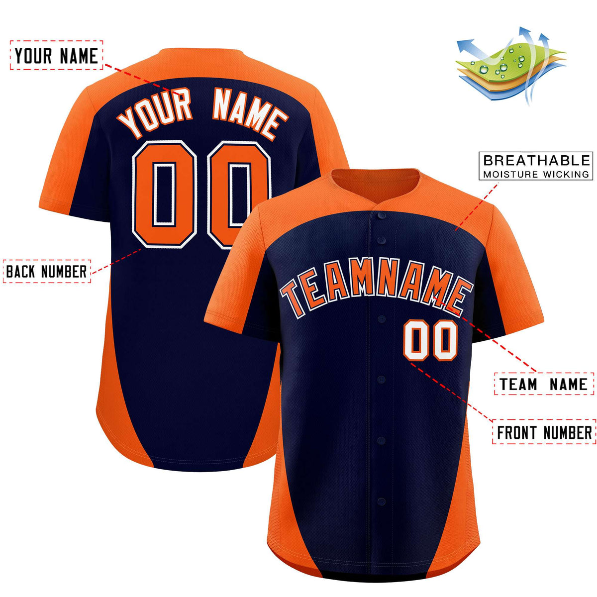 Custom Navy Orange Personalized Edge Color Block Authentic Baseball Jersey