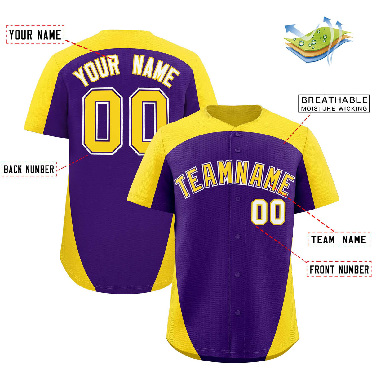 Custom Purple Gold Personalized Edge Color Block Authentic Baseball Jersey