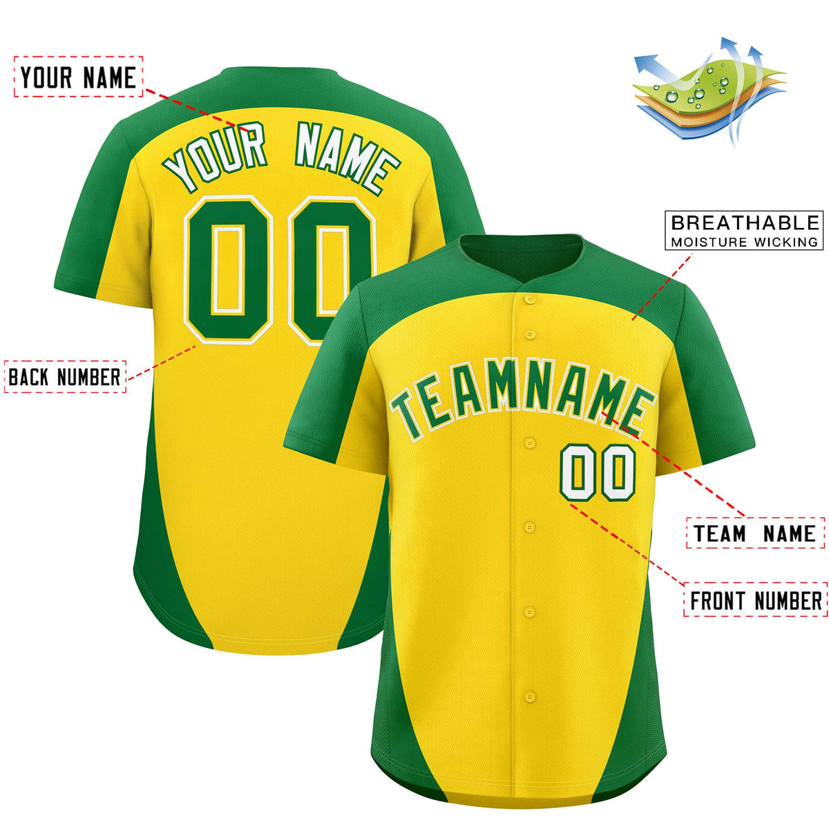 Custom Gold Kelly Green Personalized Edge Color Block Authentic Baseball Jersey