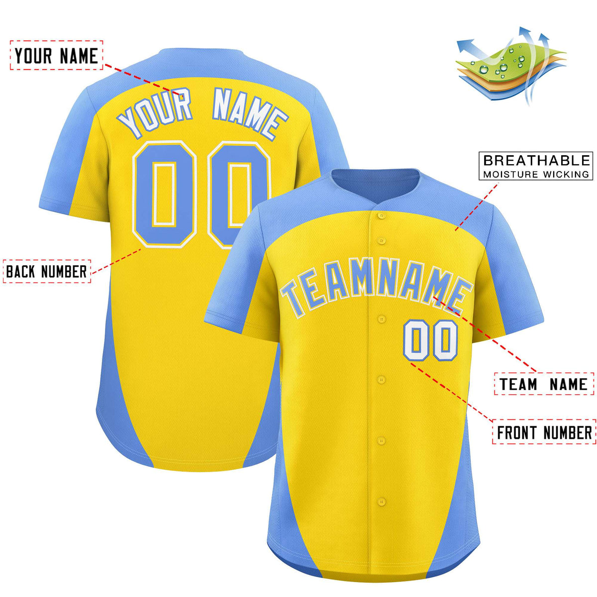 Custom Gold Light Blue Personalized Edge Color Block Authentic Baseball Jersey