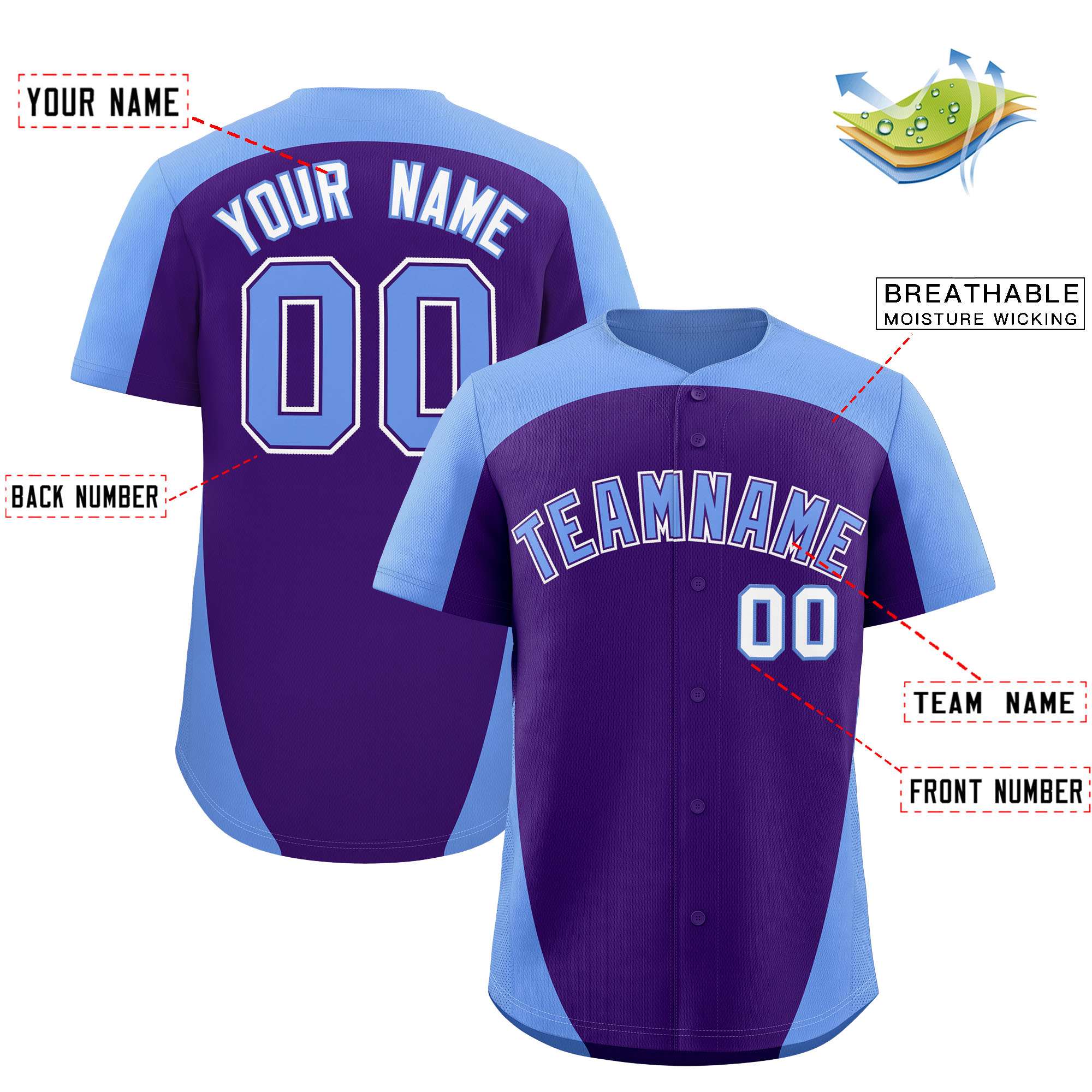 Custom Purple Light Blue Personalized Edge Color Block Authentic Baseball Jersey
