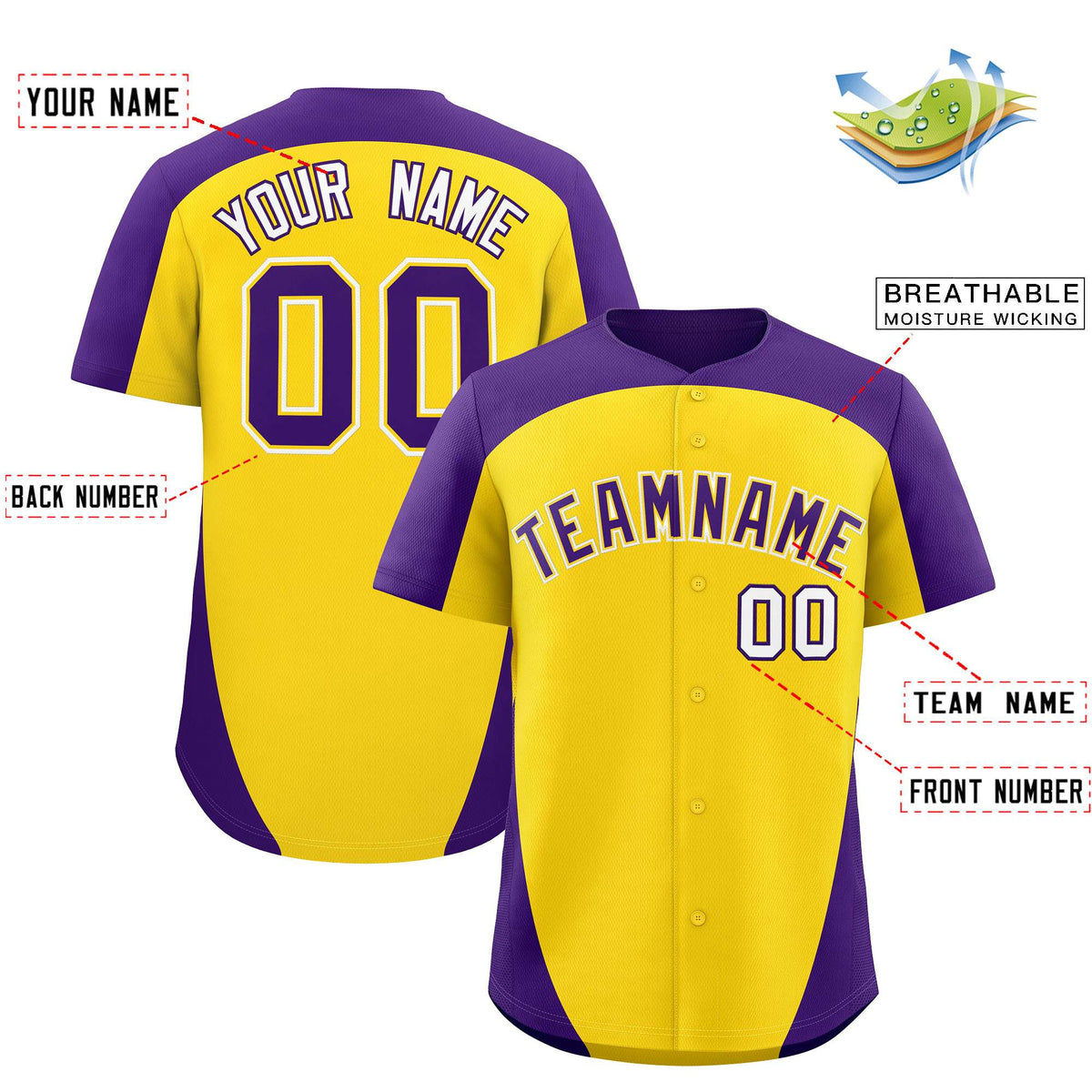 Custom Gold Purple Personalized Edge Color Block Authentic Baseball Jersey