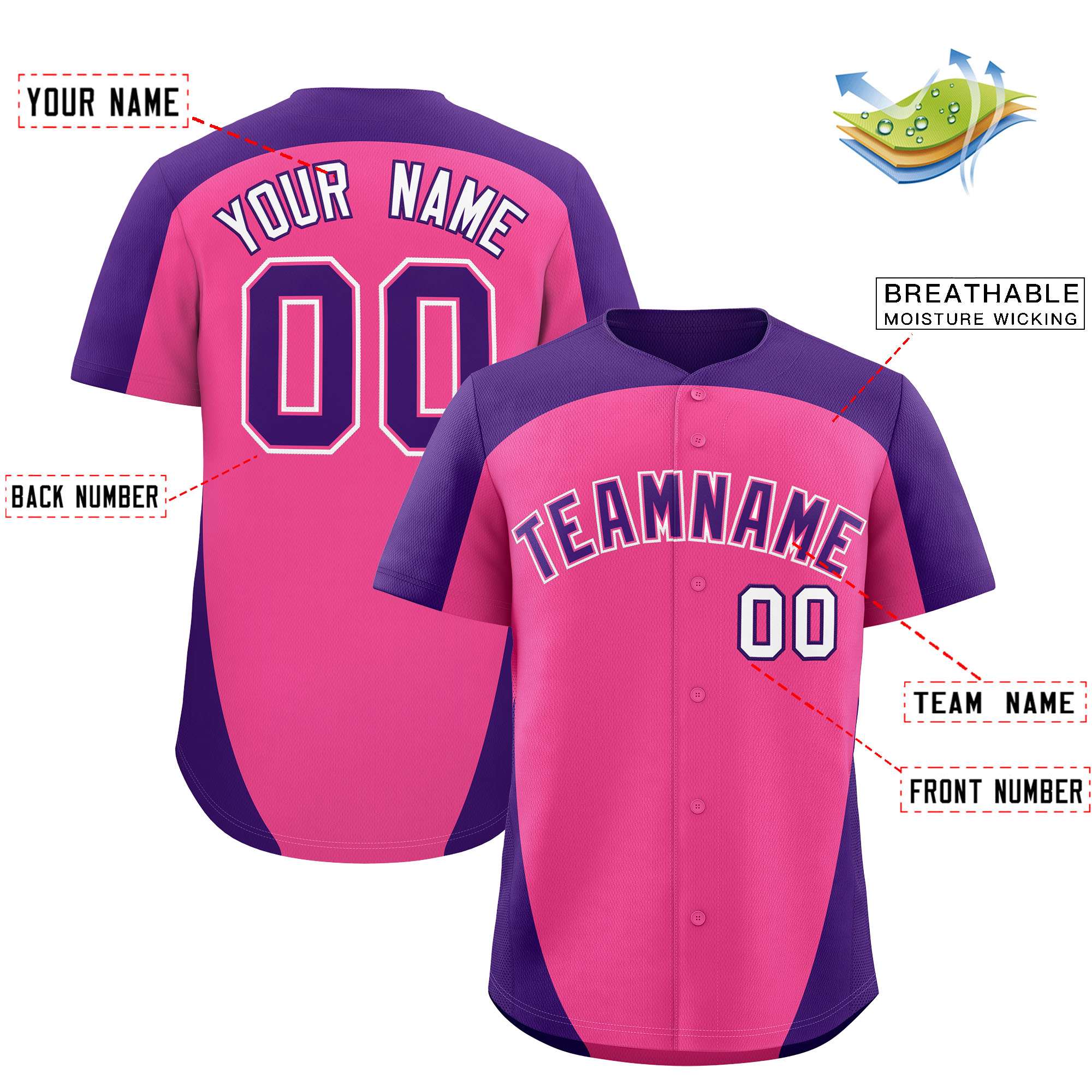 Custom Pink Purple Personalized Edge Color Block Authentic Baseball Jersey