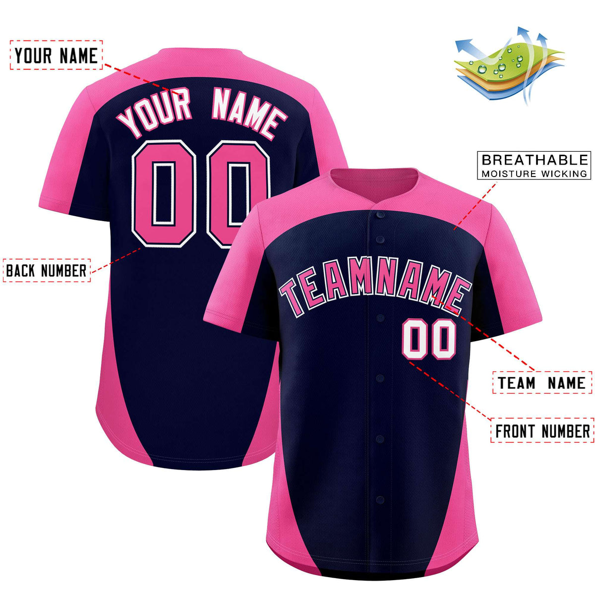 Custom Navy Pink Personalized Edge Color Block Authentic Baseball Jersey