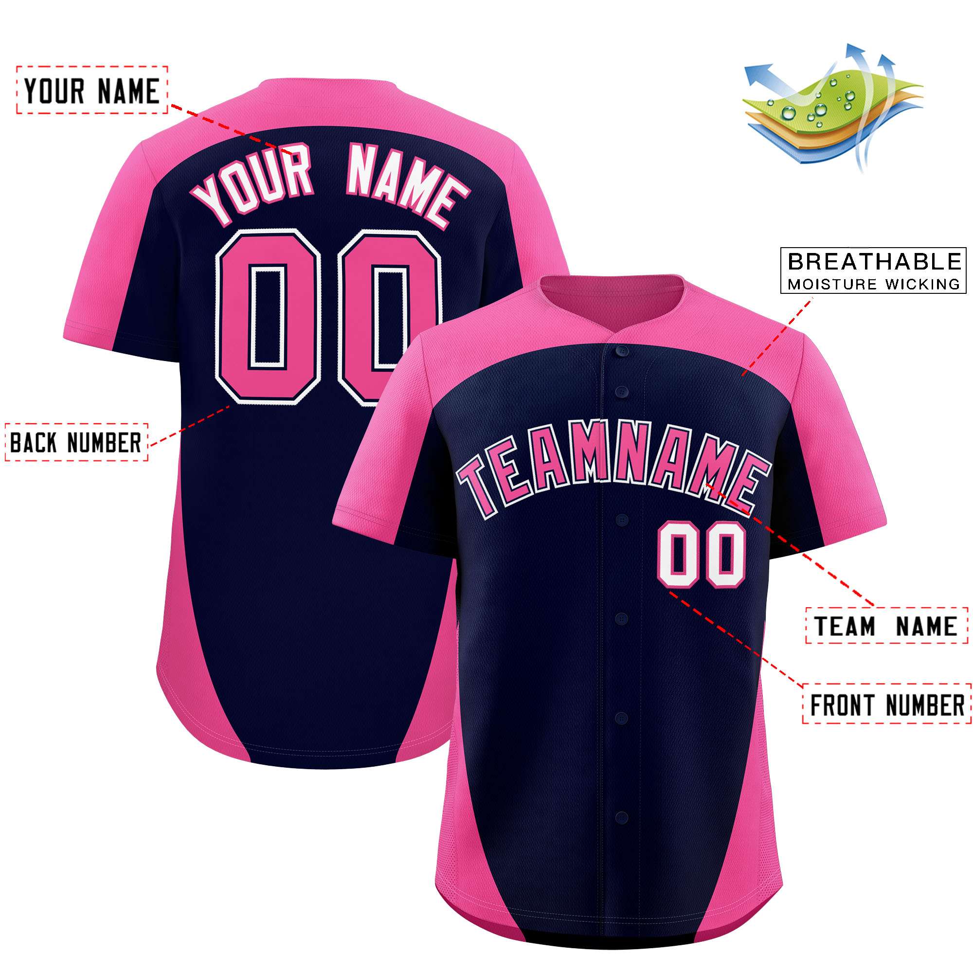 Custom Navy Pink Personalized Edge Color Block Authentic Baseball Jersey