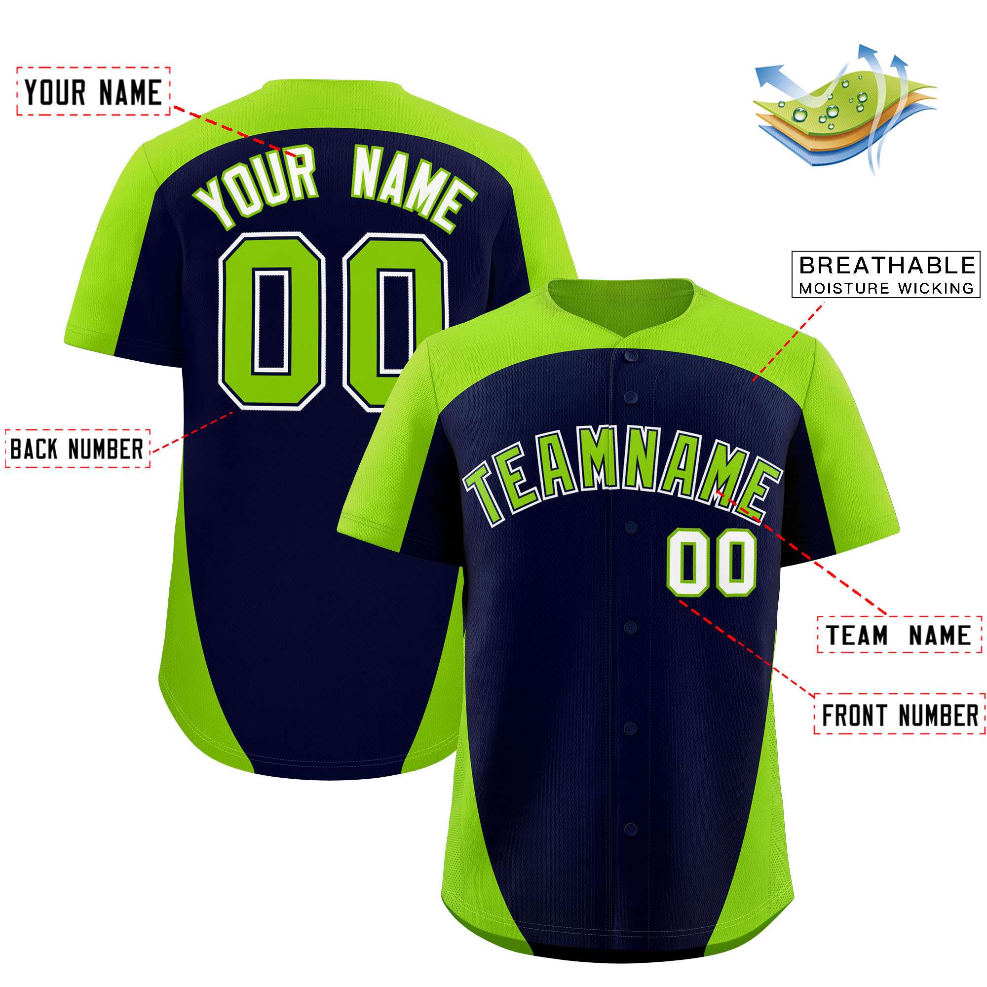 Custom Navy Neon Green Personalized Edge Color Block Authentic Baseball Jersey