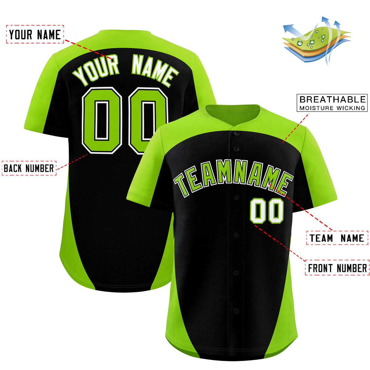 Custom Black Neon Green Personalized Edge Color Block Authentic Baseball Jersey