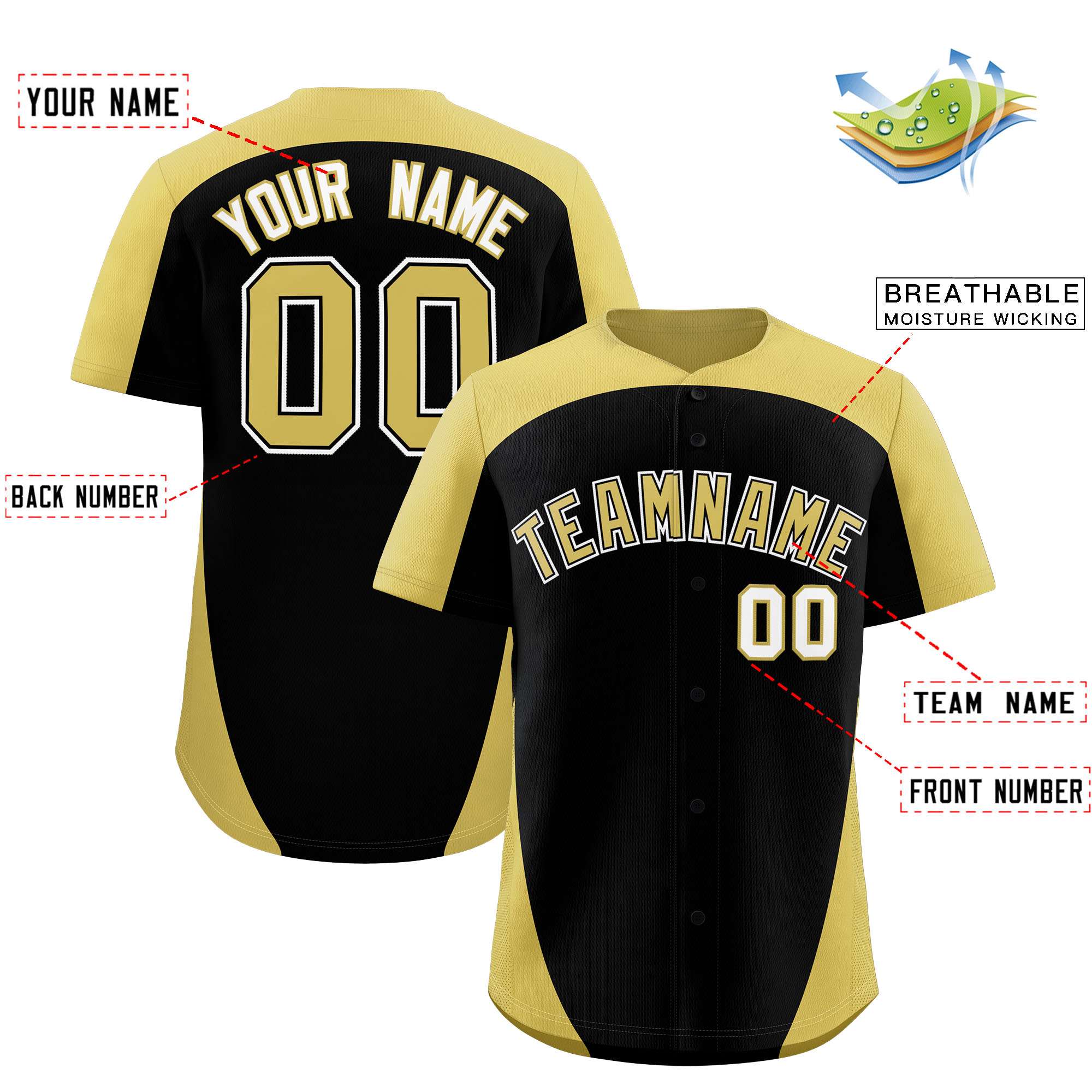 Custom Black Old Gold Personalized Edge Color Block Authentic Baseball Jersey